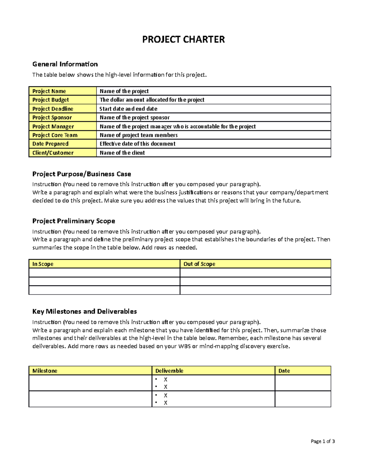 Project Charter Template for OPRE 3330 - PROJECT CHARTER General ...