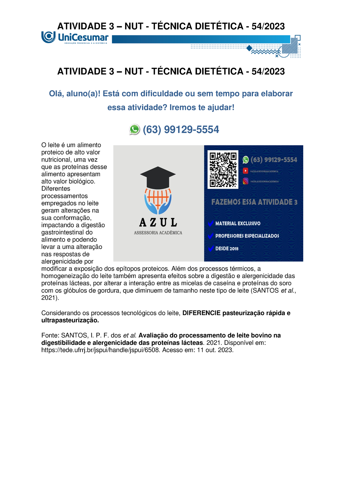 Atividade 3 – NUT - Técnica Dietética - 54/2023 - ATIVIDADE 3 – NUT ...