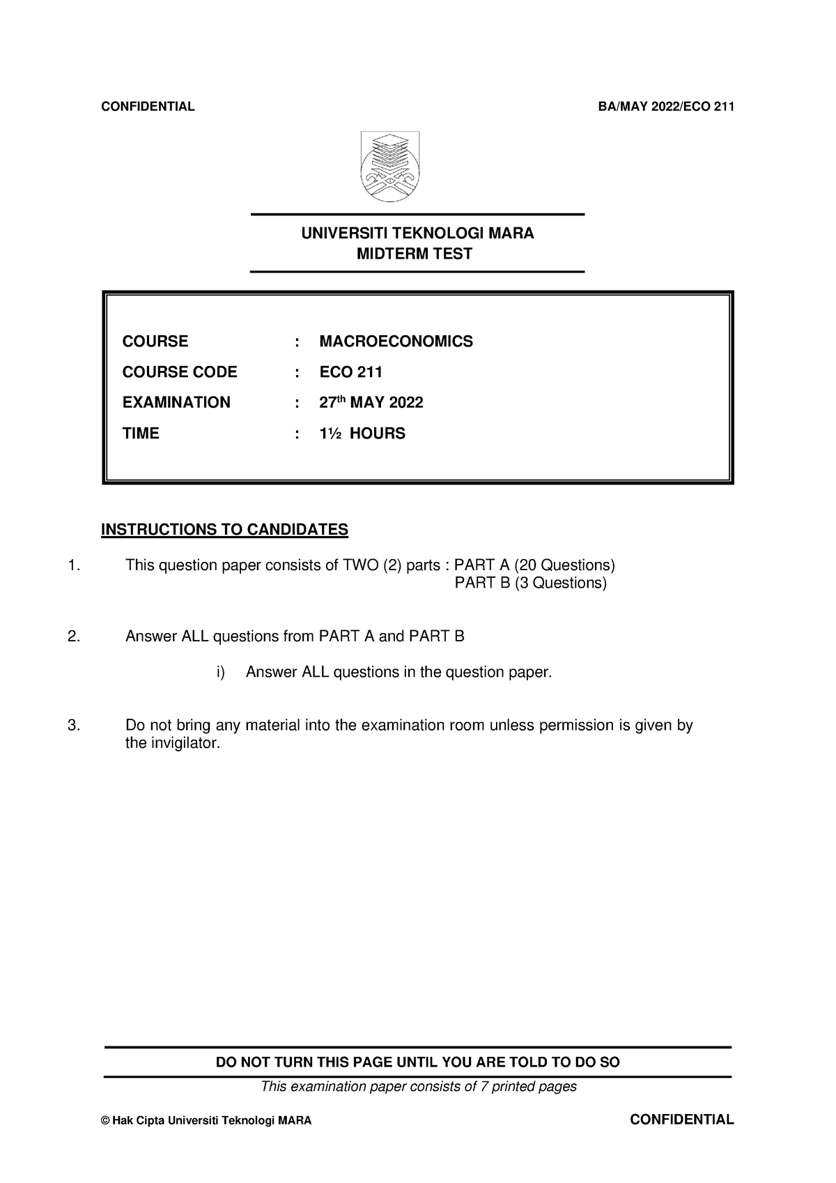 ECO211 Midterm TEST MAY 2022 - DO NOT TURN THIS PAGE UNTIL YOU ARE TOLD ...