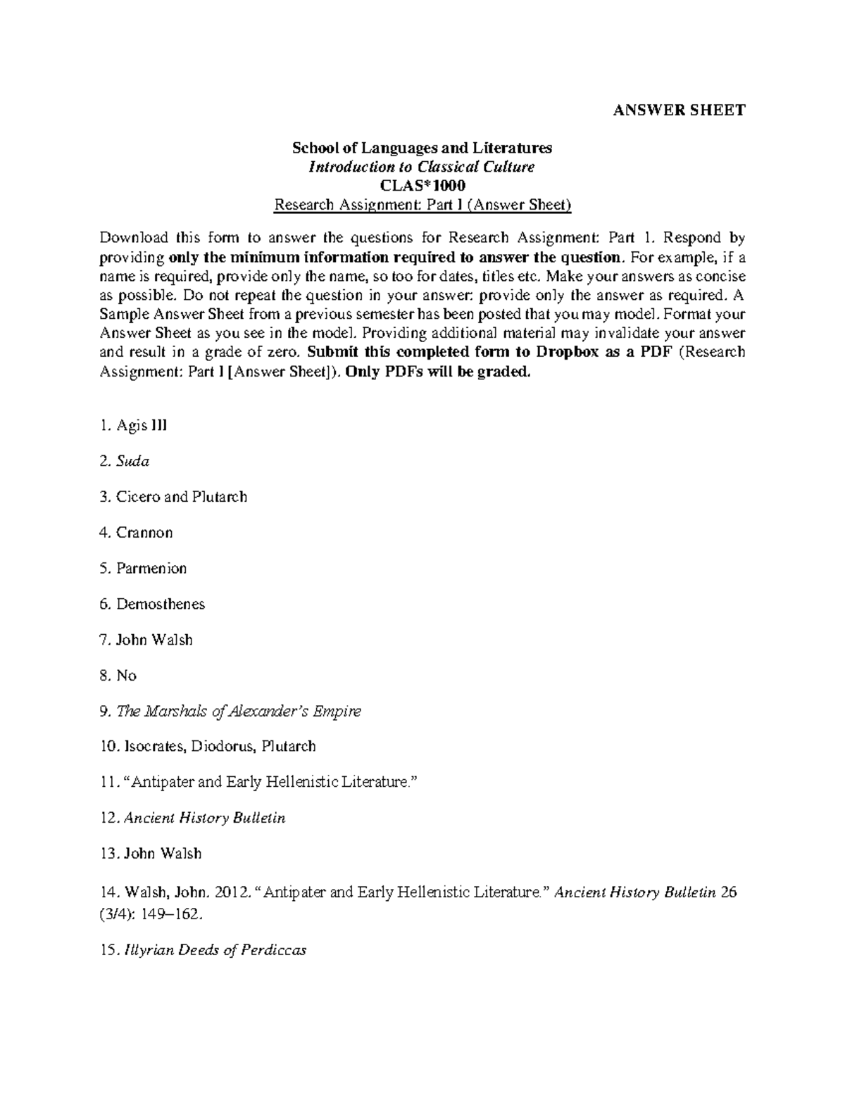 Research Assignment Part I Answer Sheet - ANSWER SHEET School of ...