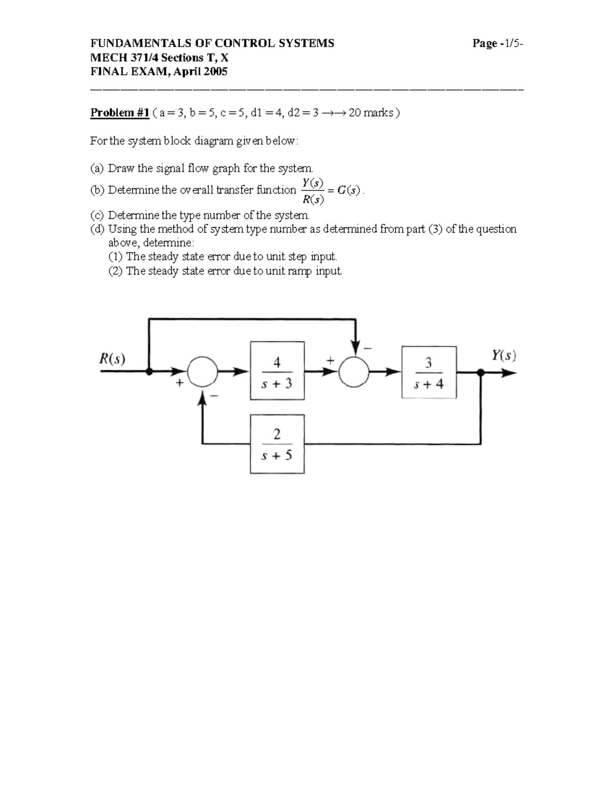 Mech371 2005 final - FUNDAMENTALS OF CONTROL SYSTEMS Page - 1/5- MECH ...