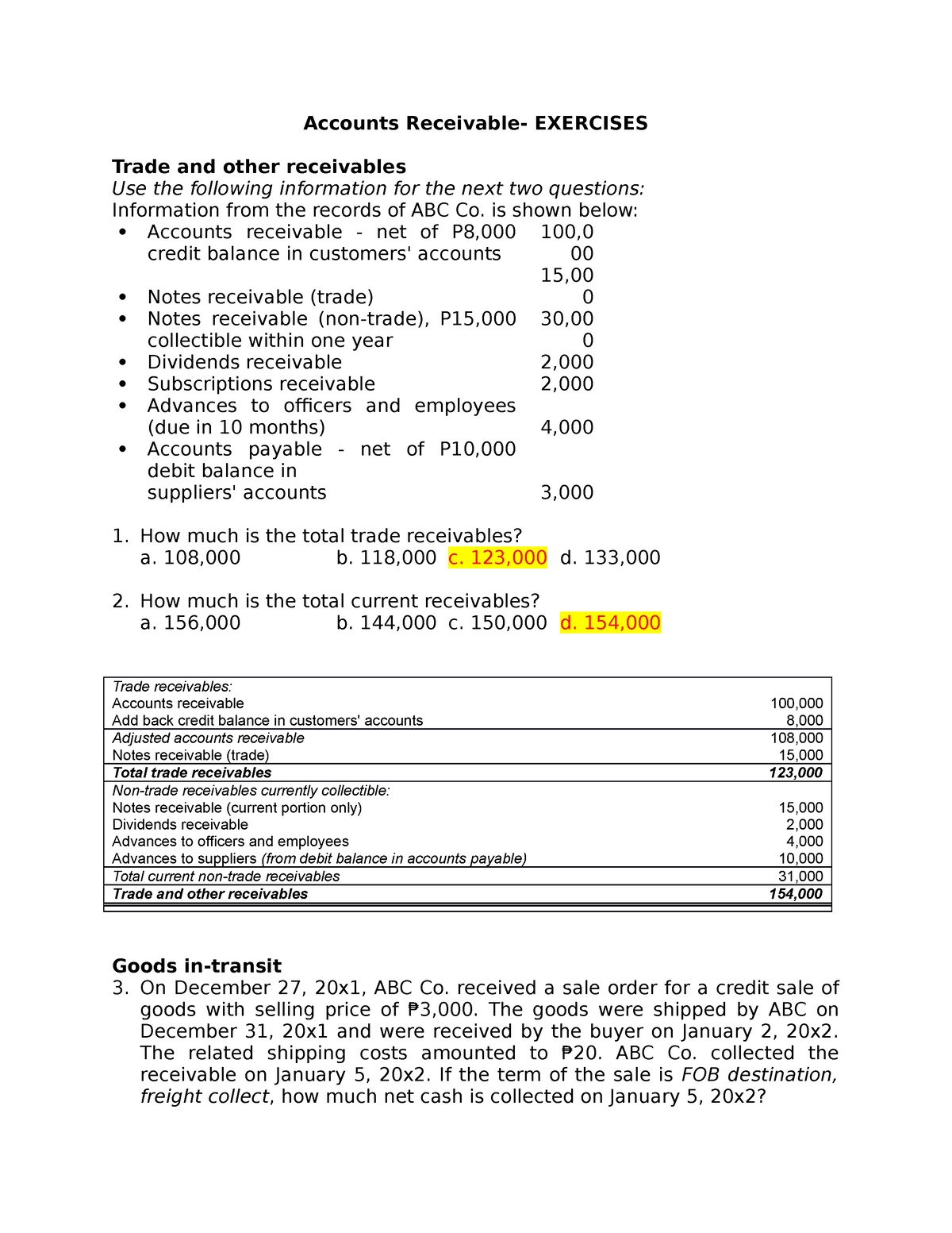 Accounts Receivable sample Problem Accounts Receivable EXERCISES 