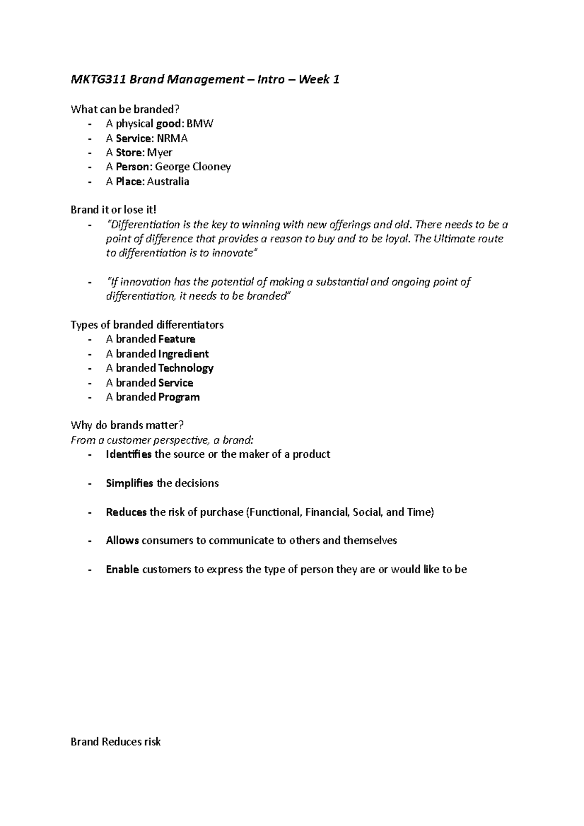 Week 1 - Intro to Brand Management - MKTG311 Brand Management – Intro ...