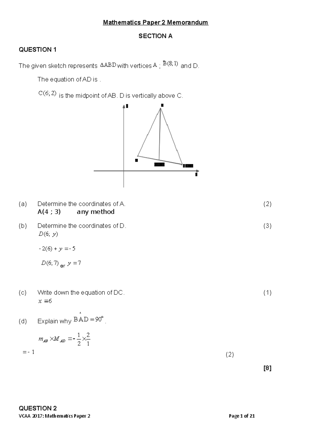 Vcaa 2017 Math P2 Memo-no Ticks - Mathematics Paper 2 Memorandum 