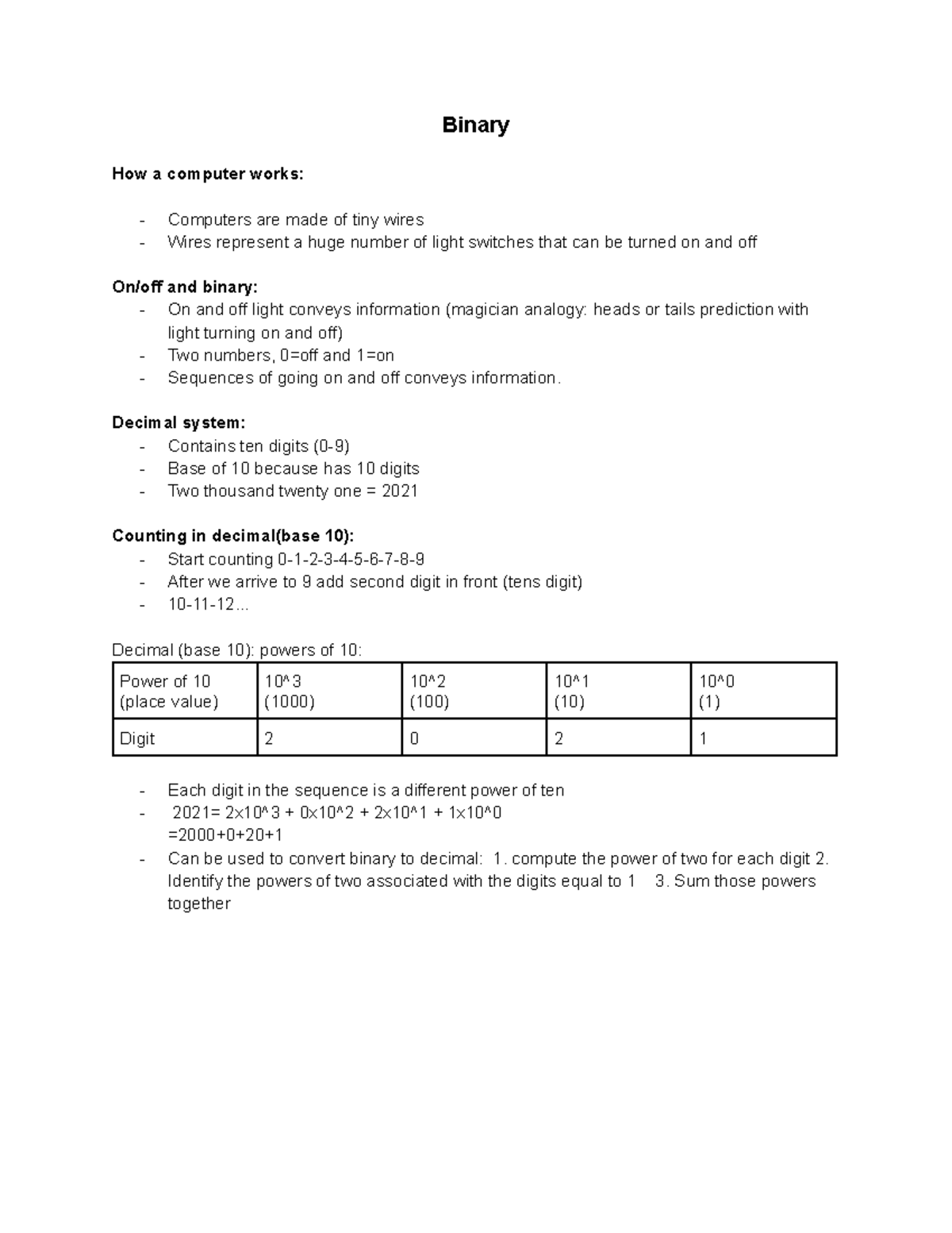 1st Midterm exam revision - Binary How a computer works: Computers are ...
