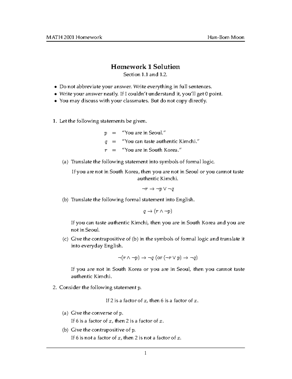 Homework 1 Sol - Homework 1 Solution Section 1 And 1. Do Not Abbreviate ...