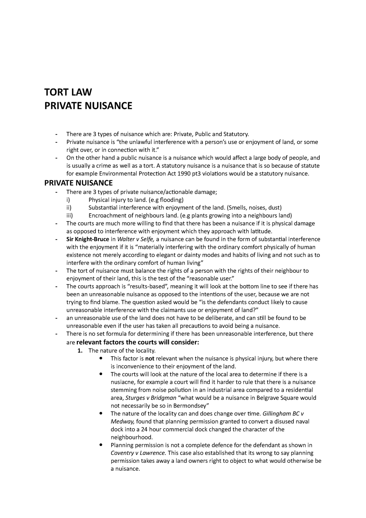 Nuisance And Rylands - Lecture Notes - TORT LAW PRIVATE NUISANCE There ...