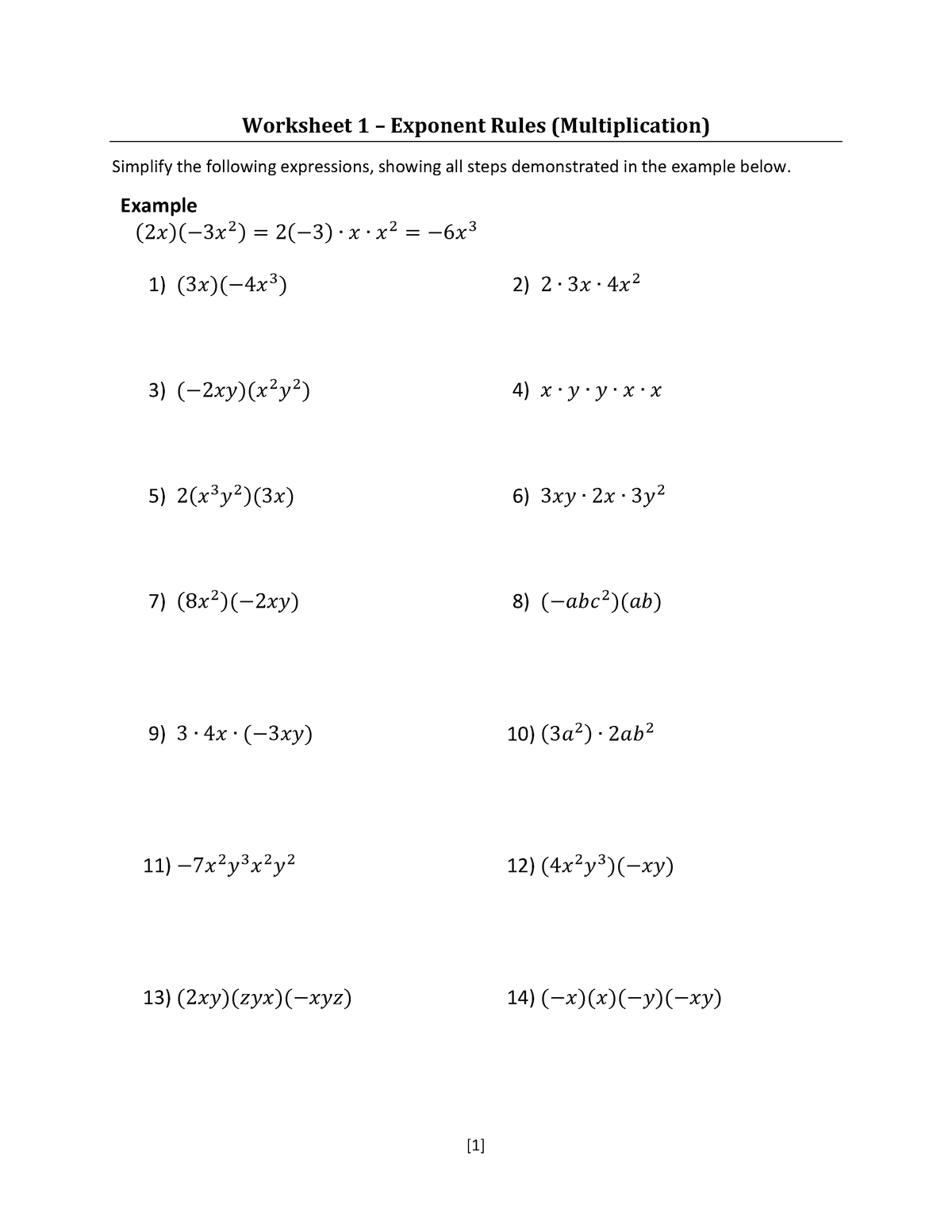 Worksheets Week 2 Exponent Rules Worksheet 1 Exponent Rules Multiplication Simplify 