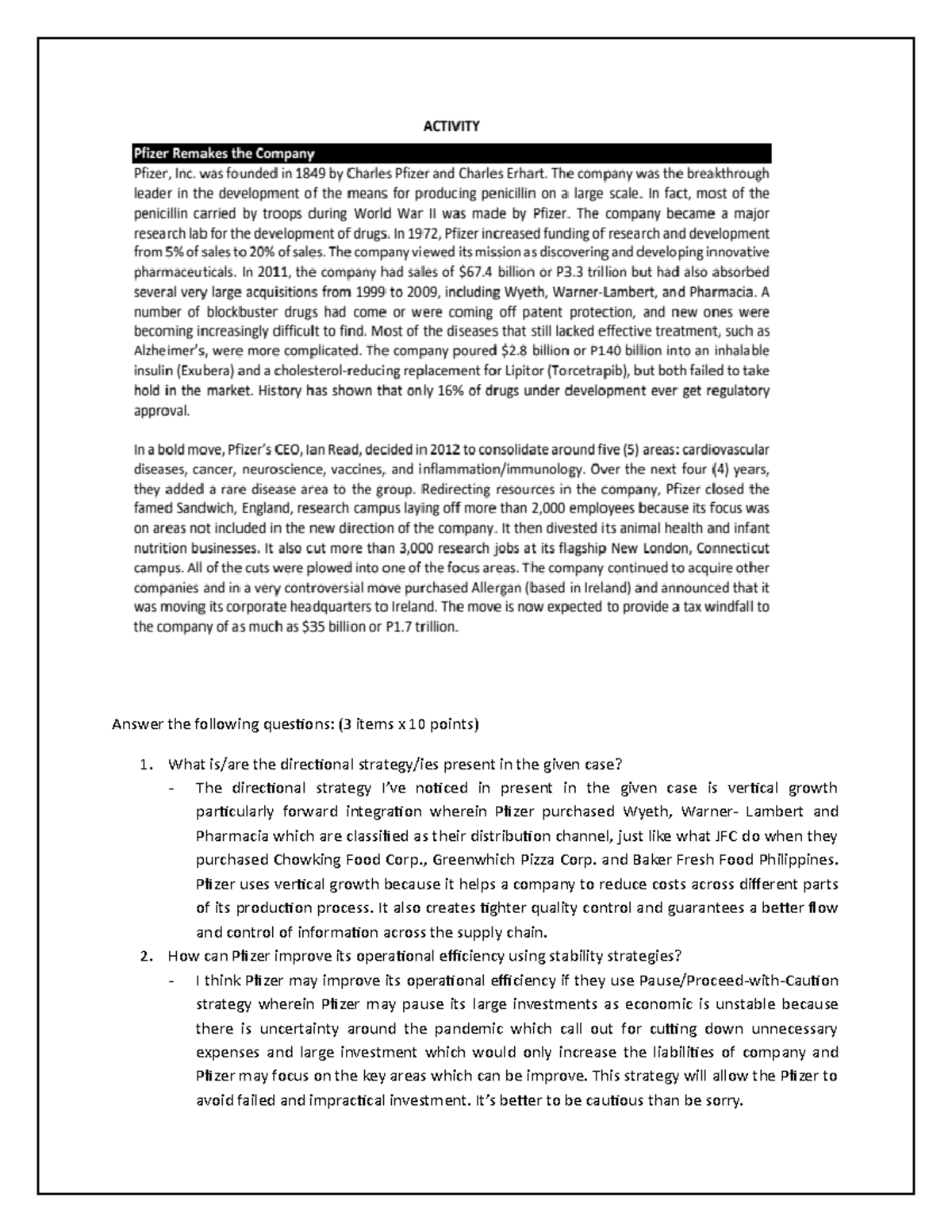 07 activity strat - Case study about Pfizer company - Answer the ...