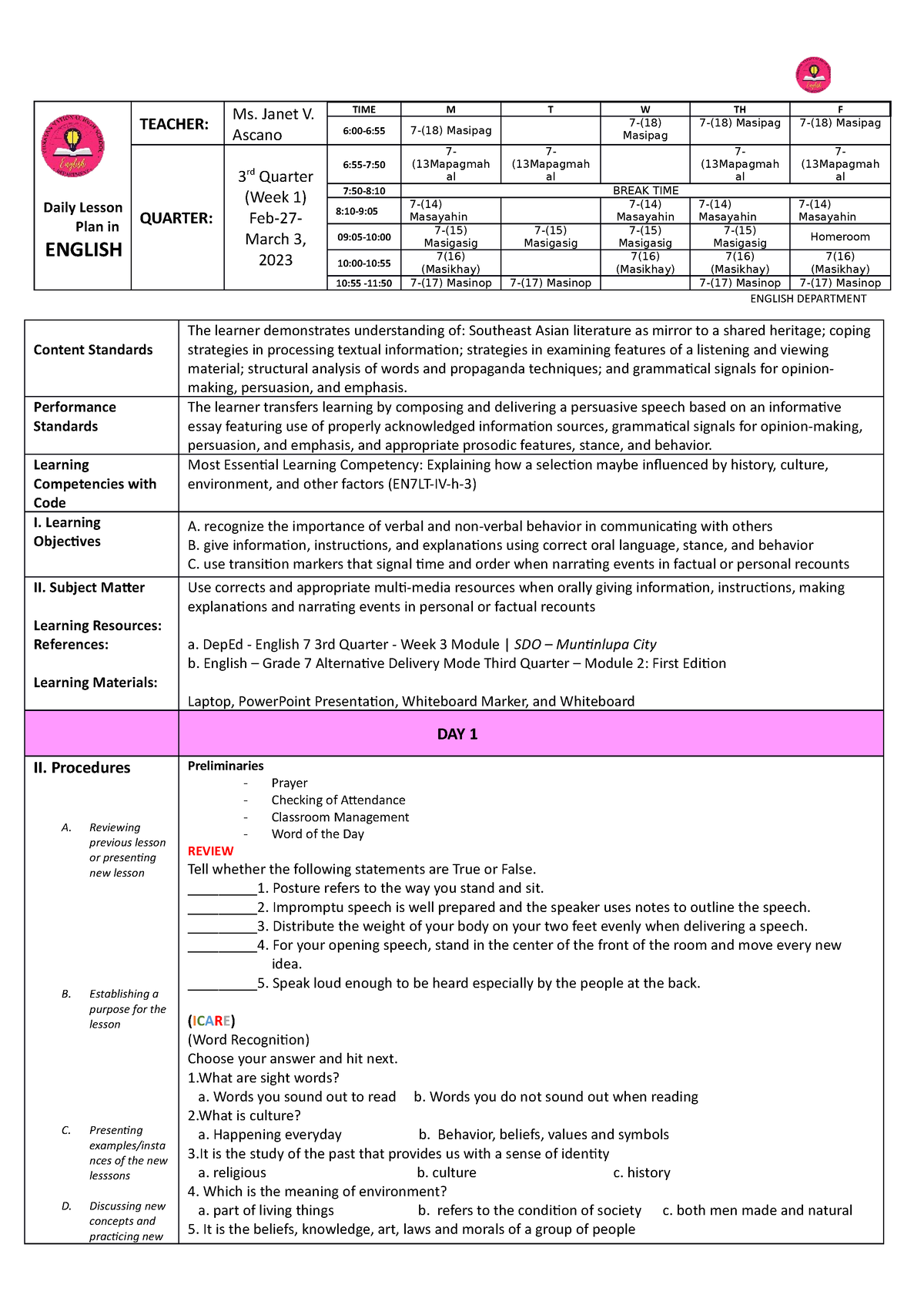 DLL 3rd Quarter Week 3 - Dlp - Daily Lesson Plan In ENGLISH TEACHER: Ms ...