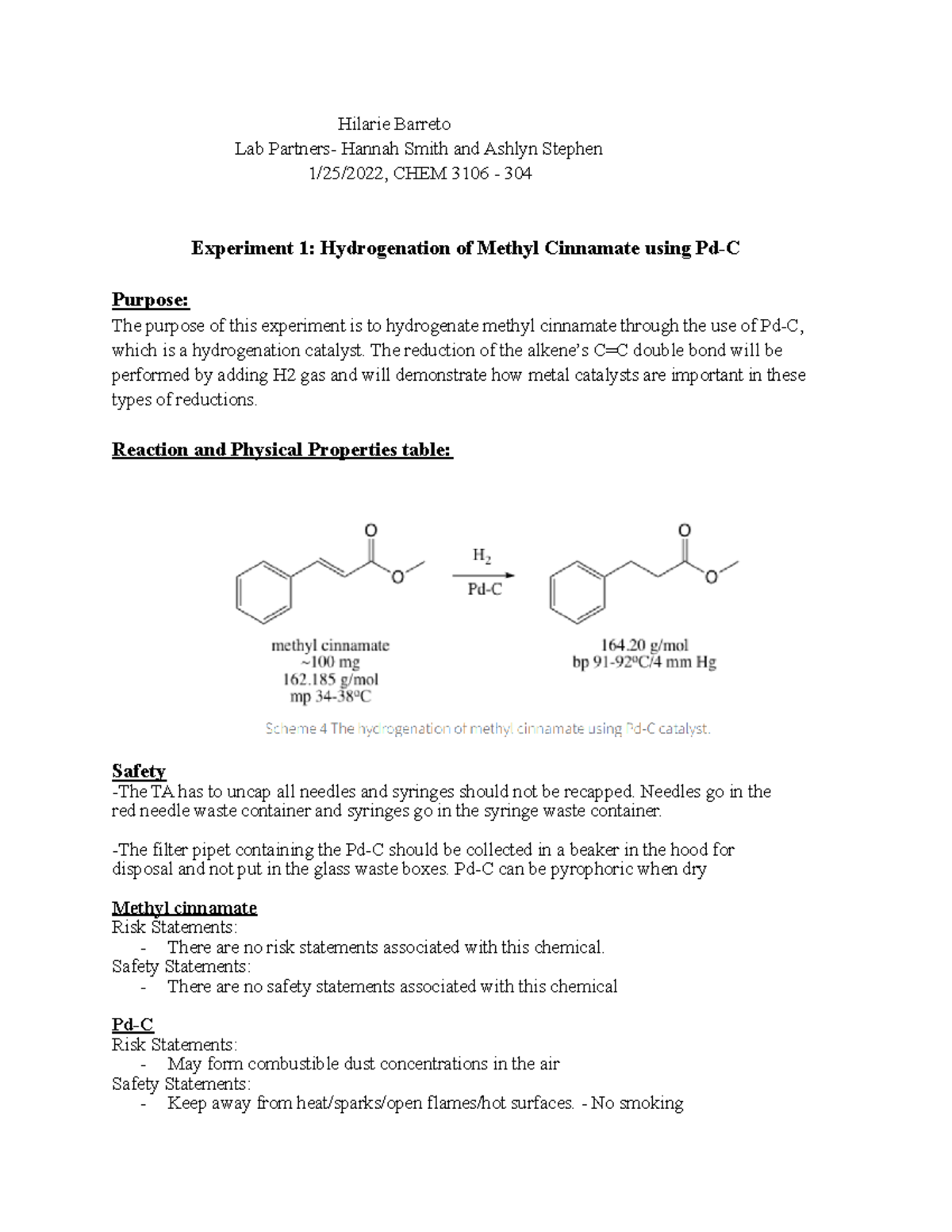 Chem 3106 Lab Report Experiment 1 - Hilarie Barreto Lab Partners ...