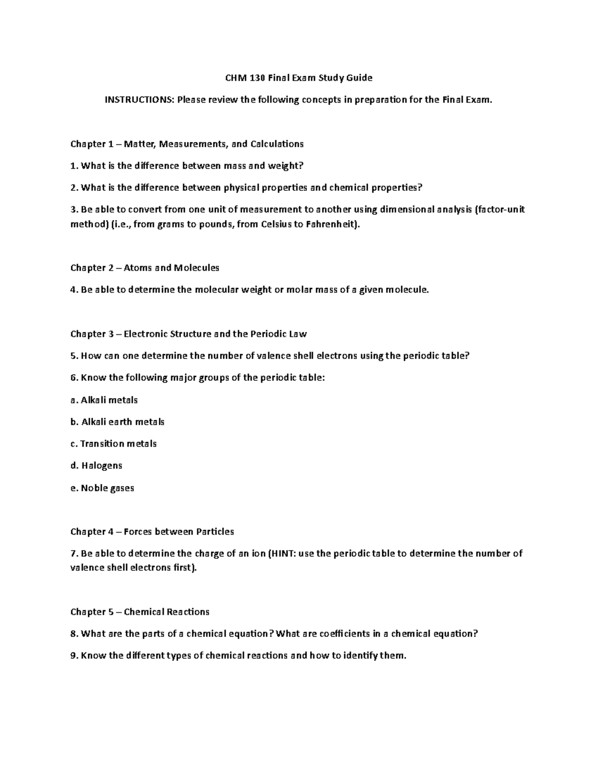 Chem Final Review Study Guide - CHM 130 Final Exam Study Guide ...