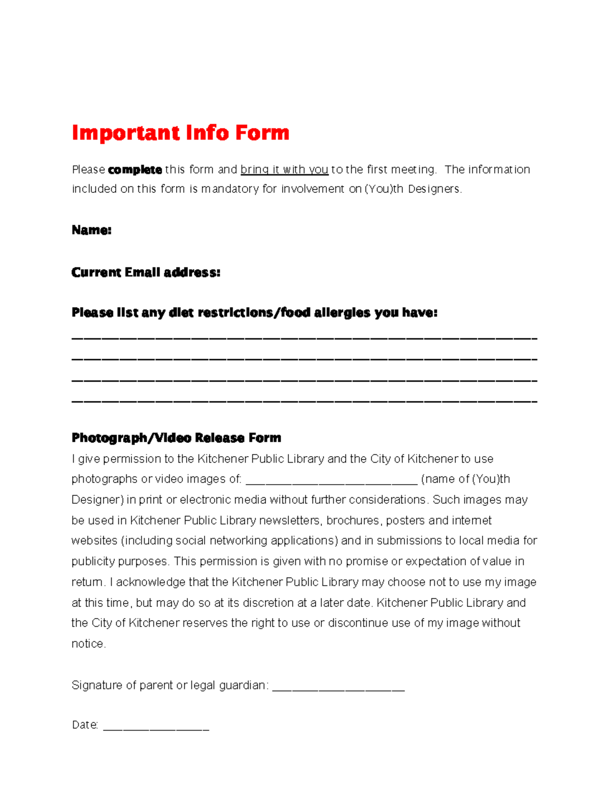 (You)th Designers Important Info Form.docx - Important Info Form Please ...
