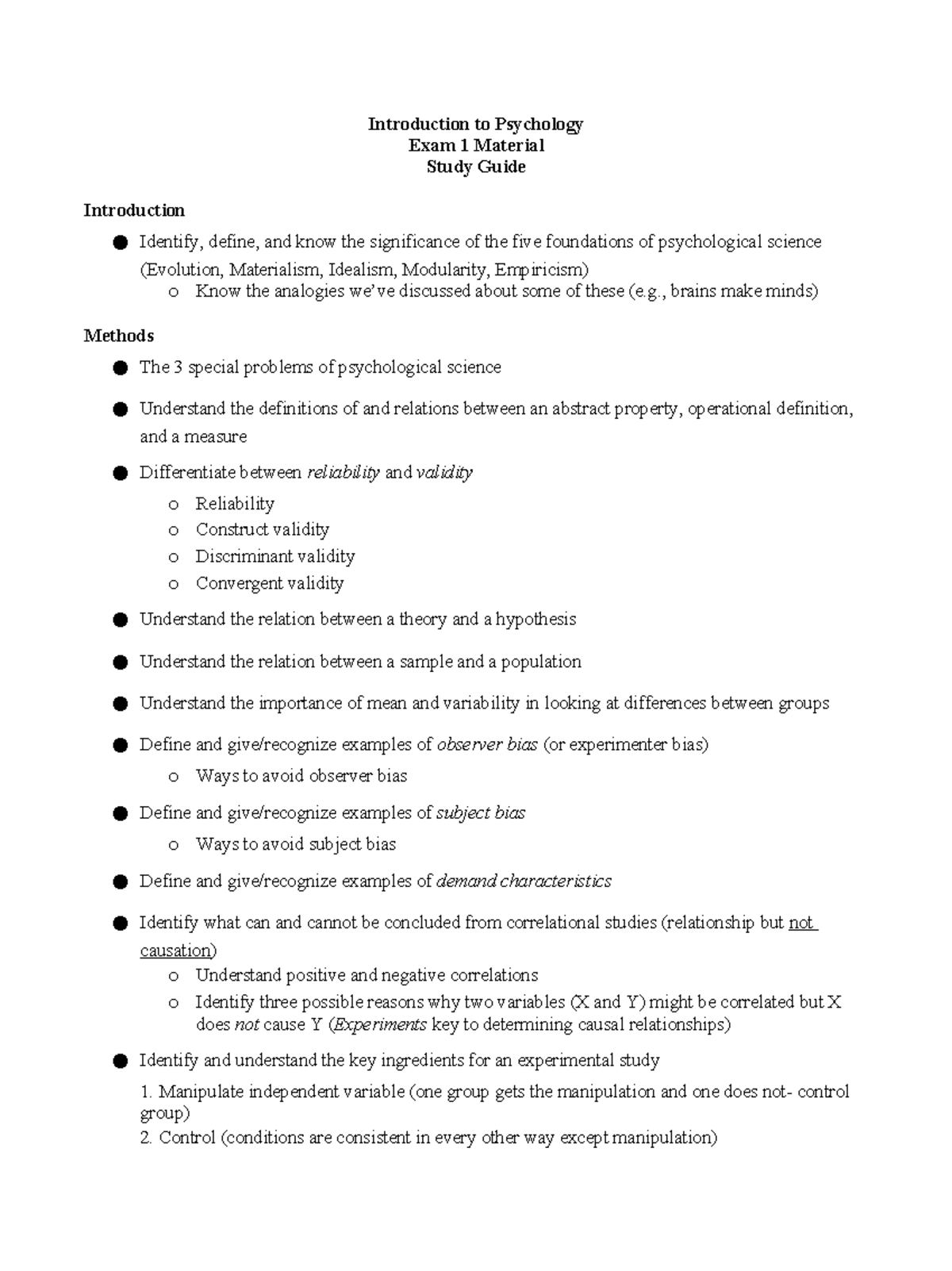 Psychology Midterm 1 Study Guide - Introduction To Psychology Exam 1 ...