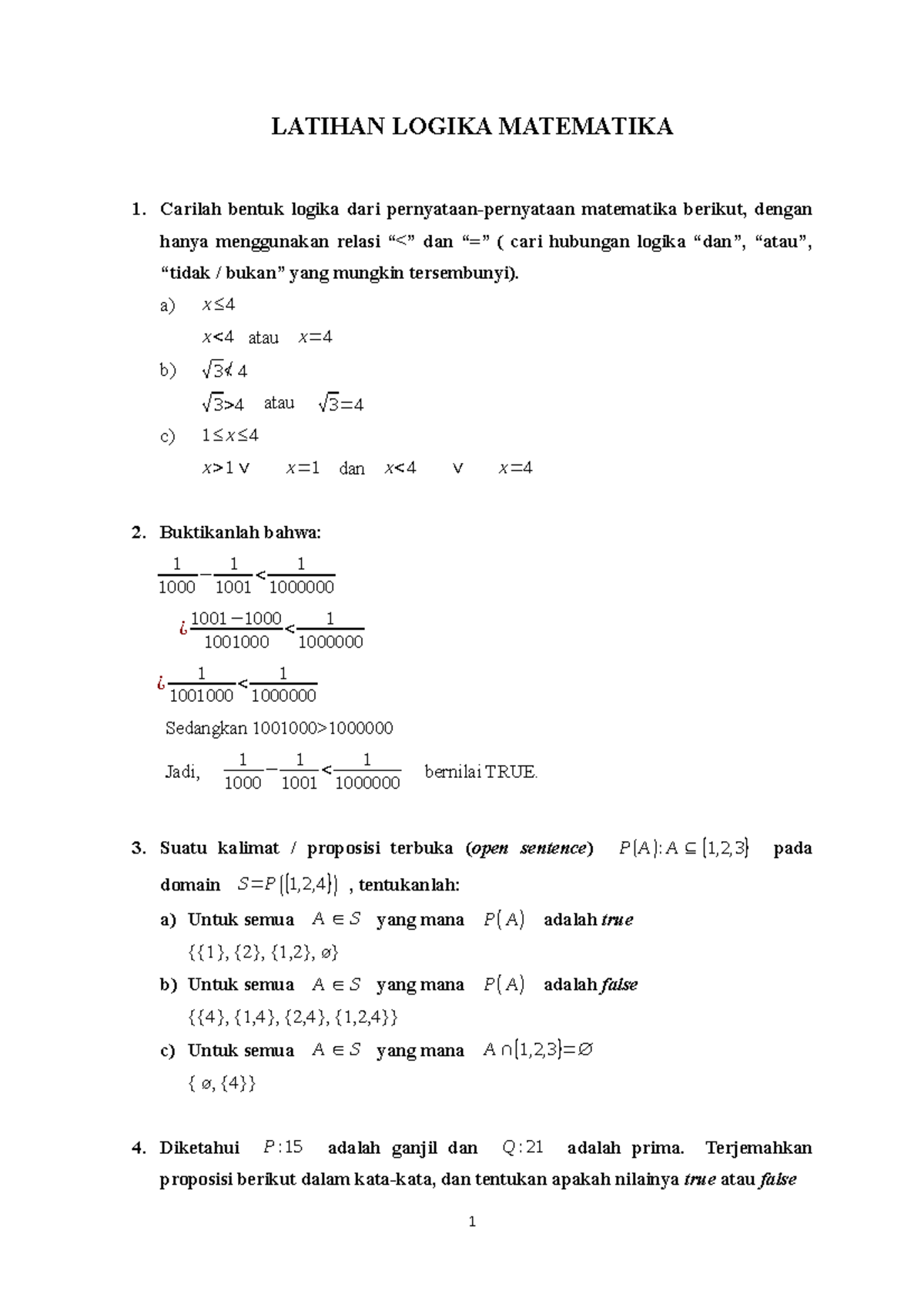 Logika MATE - LATIHAN LOGIKA MATEMATIKA 1. Carilah Bentuk Logika Dari ...