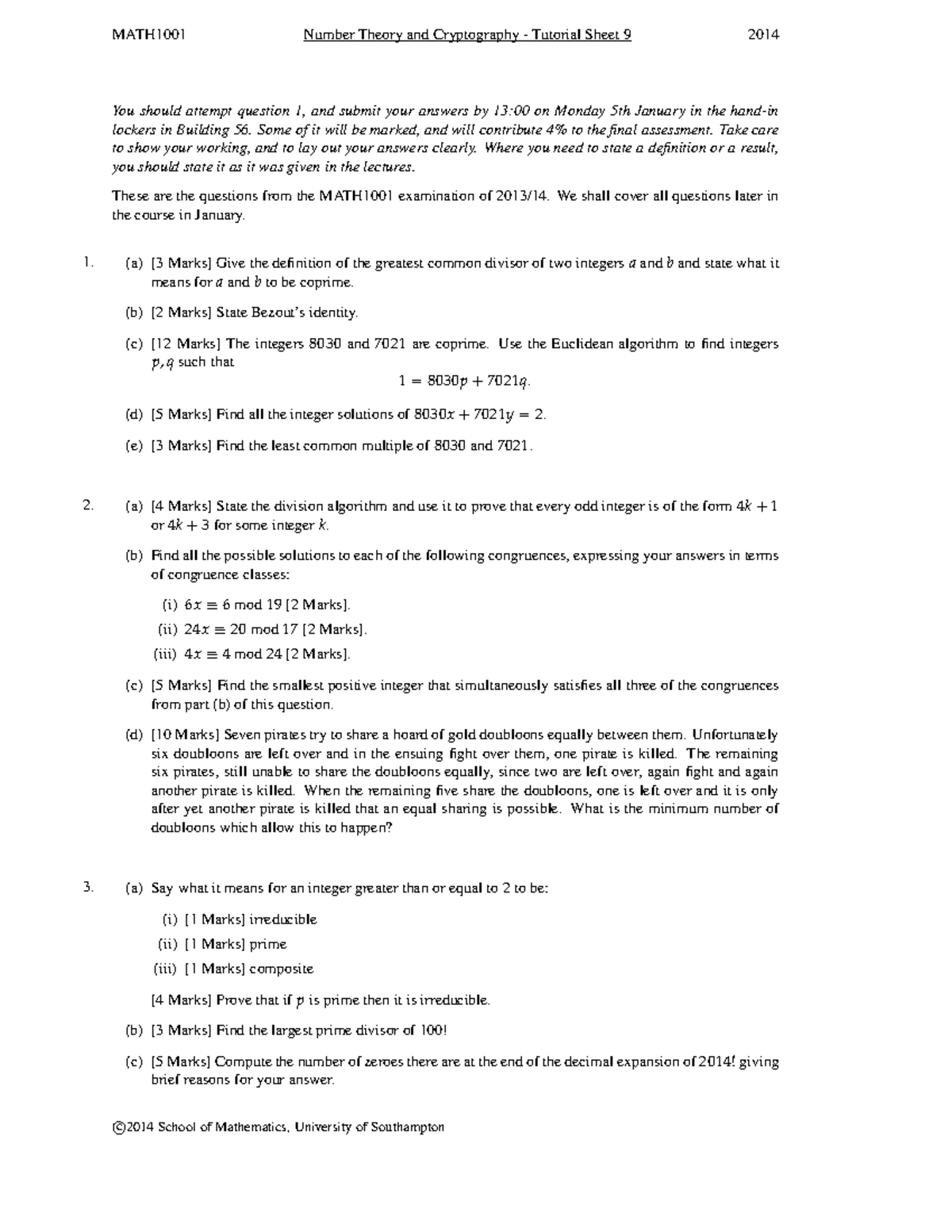 Exam 2013, questions and answers - MATH1001 Number Theory and ...