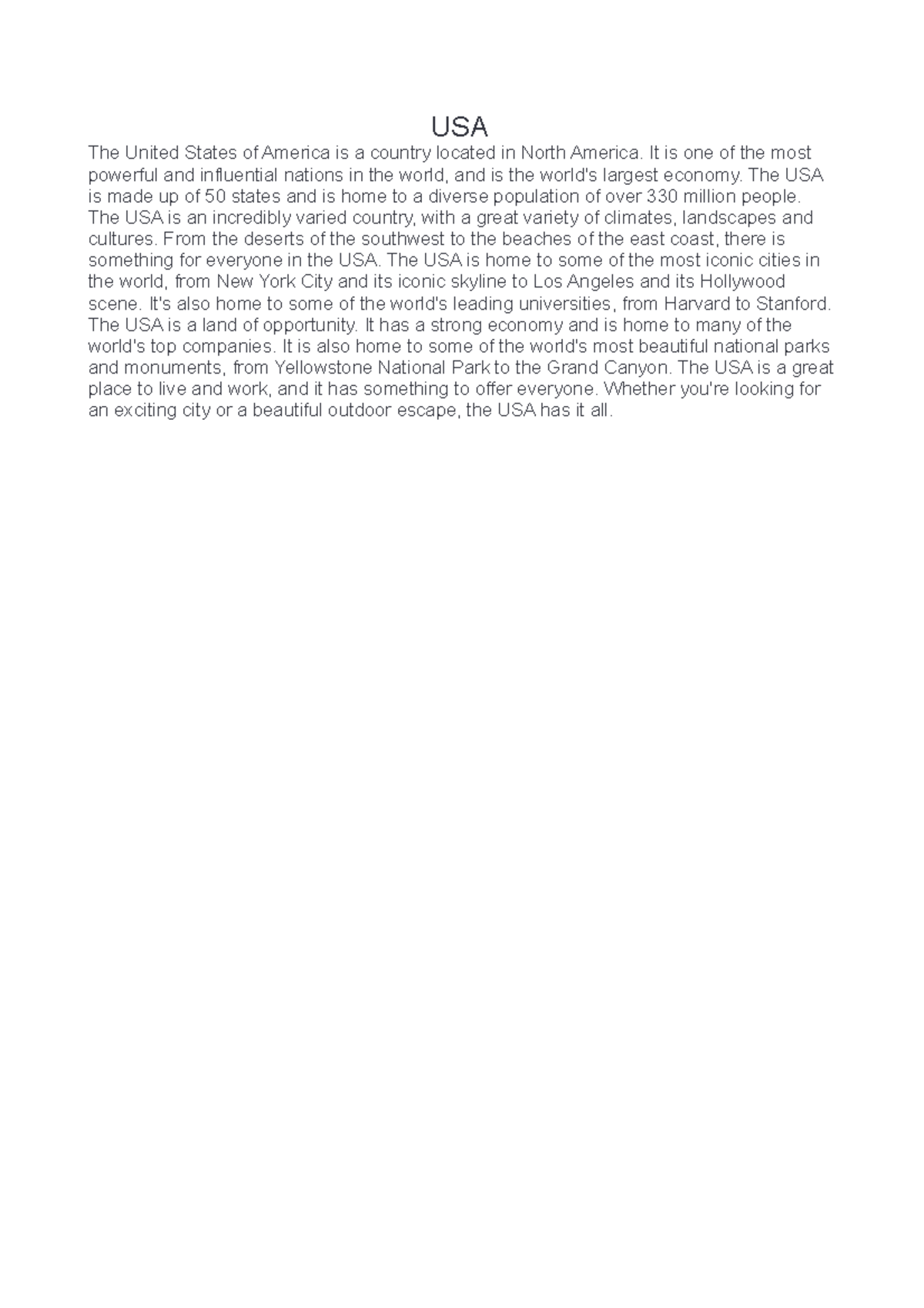USA - testo in inglese sulla USA - USA The United States of America is ...