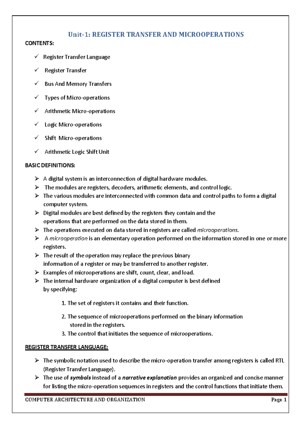 CAO1 - CAO sem 3 notes - Unit-1: REGISTER TRANSFER AND MICROOPERATIONS ...