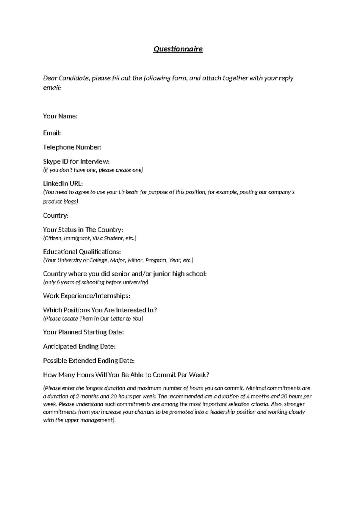 1.2. Questionnaire - Attachment - Questionnaire Dear Candidate, please ...