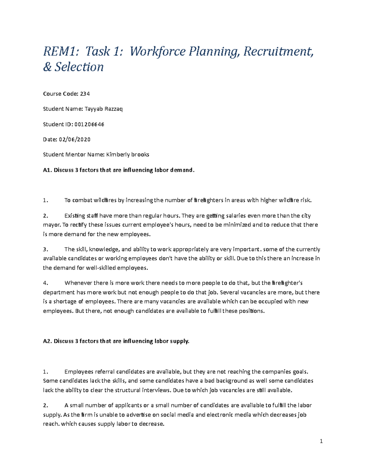 C234 Task 1 Template - Task 1 - REM1: Task 1: Workforce Planning ...