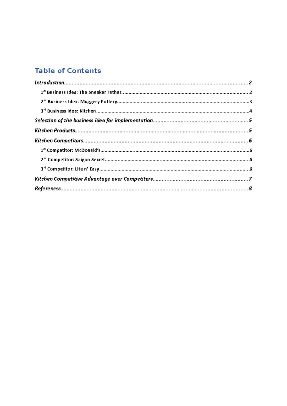 Business Idea Assignment - Table of Contents - Studocu