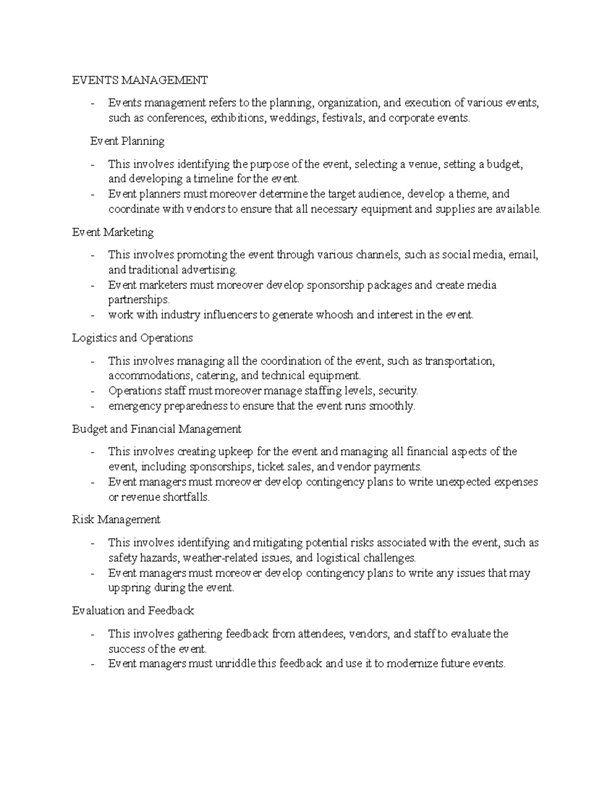 Events Management Notes 1 - EVENTS MANAGEMENT Events management refers ...