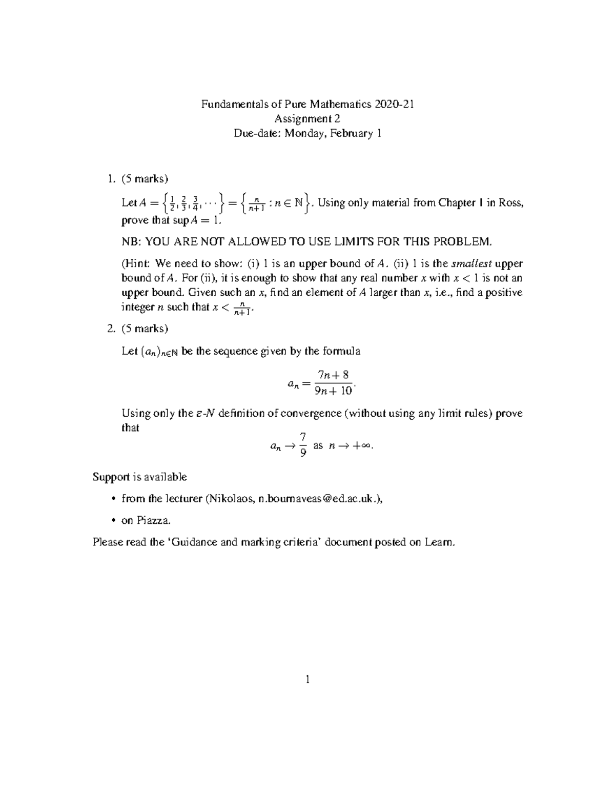 hand in 2 - solutions - Fundamentals of Pure Mathematics 2020 ...