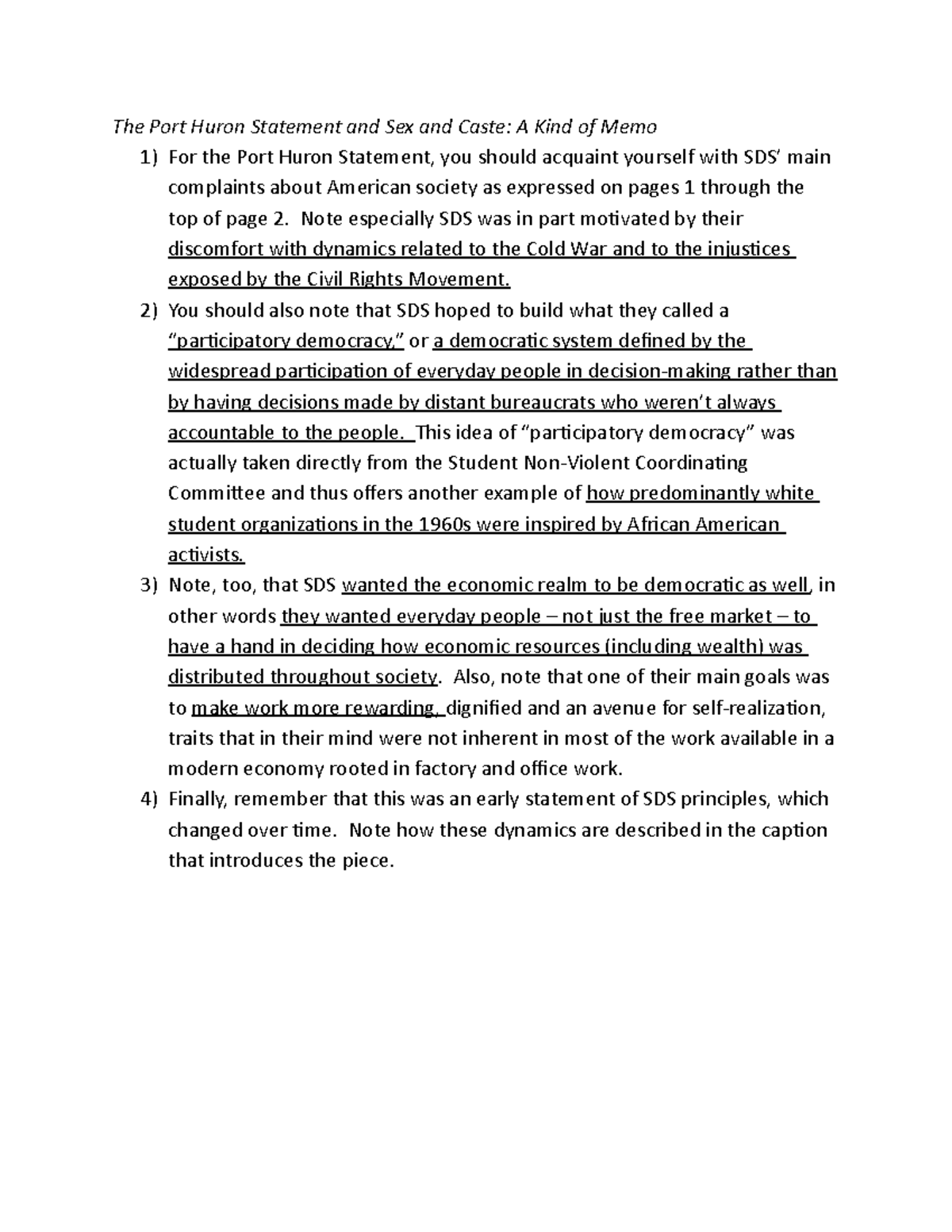 11) Reading Takeaway The Port Huron Statement and Sex and Caste A Kind of Memo 1) For the