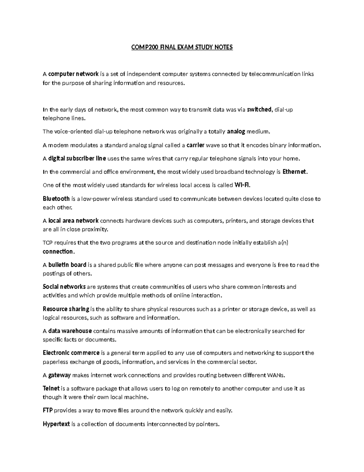 COMP200 Exam Study Notes - COMP200 FINAL EXAM STUDY NOTES A computer ...