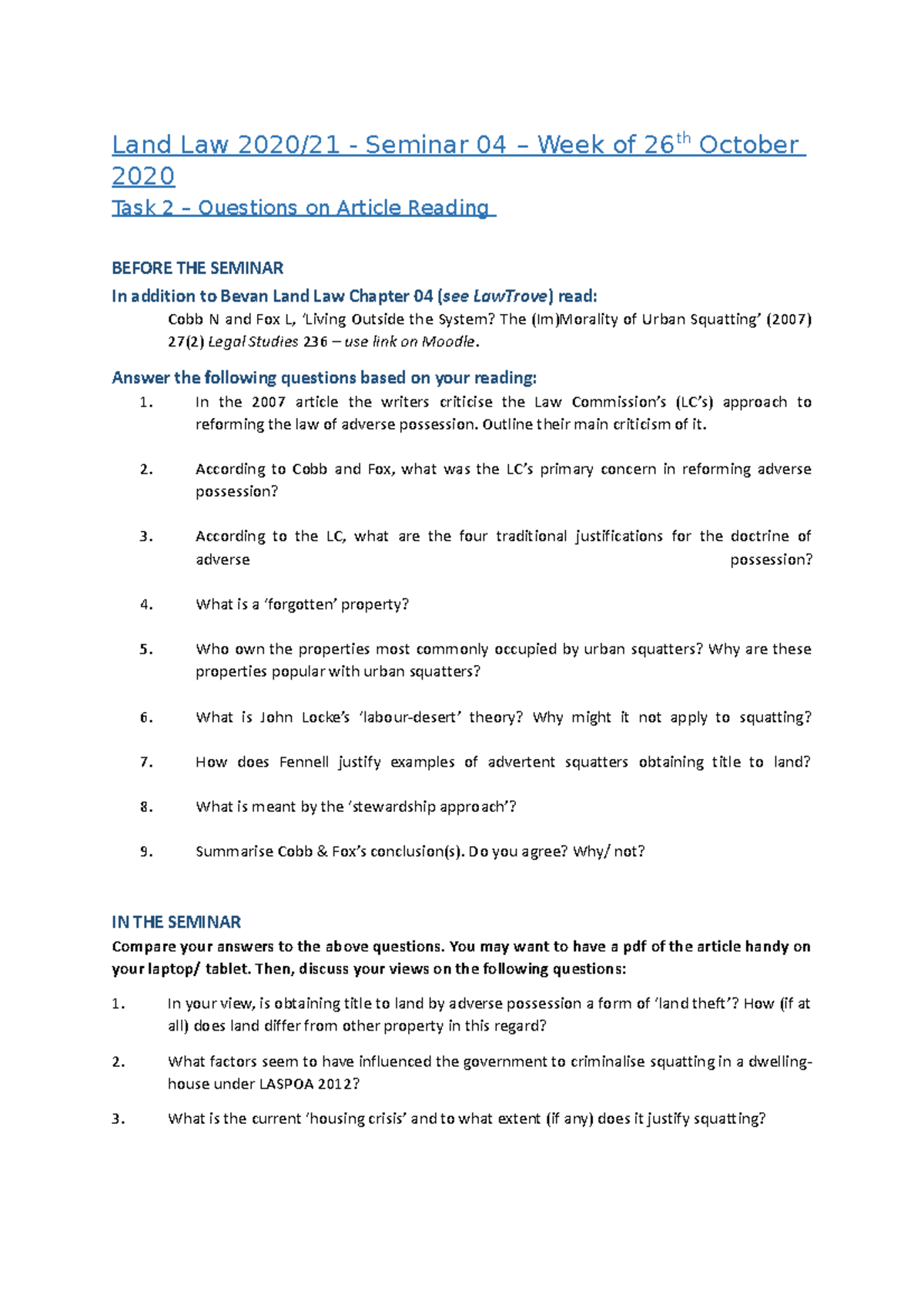 Adverse possession seminar and answers Land Law 2020/21 Seminar 04