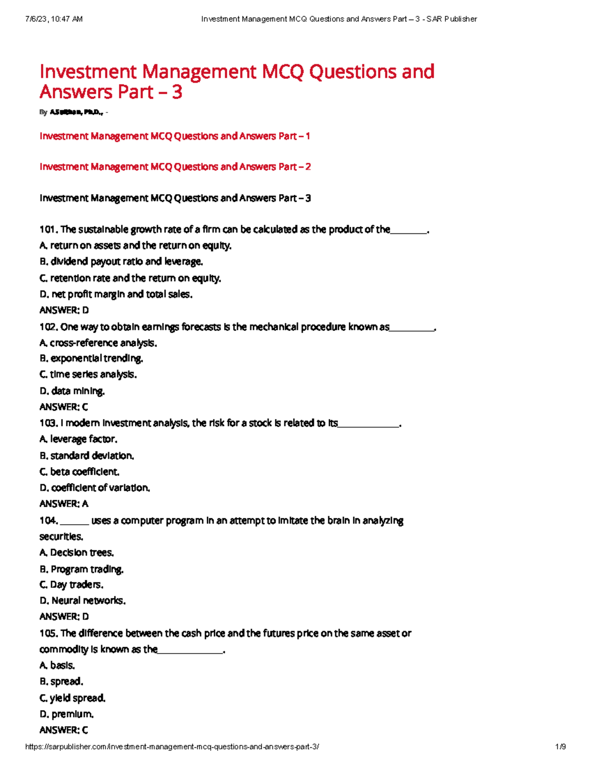 Investment Management MCQ Questions and Answers Part 3 SAR
