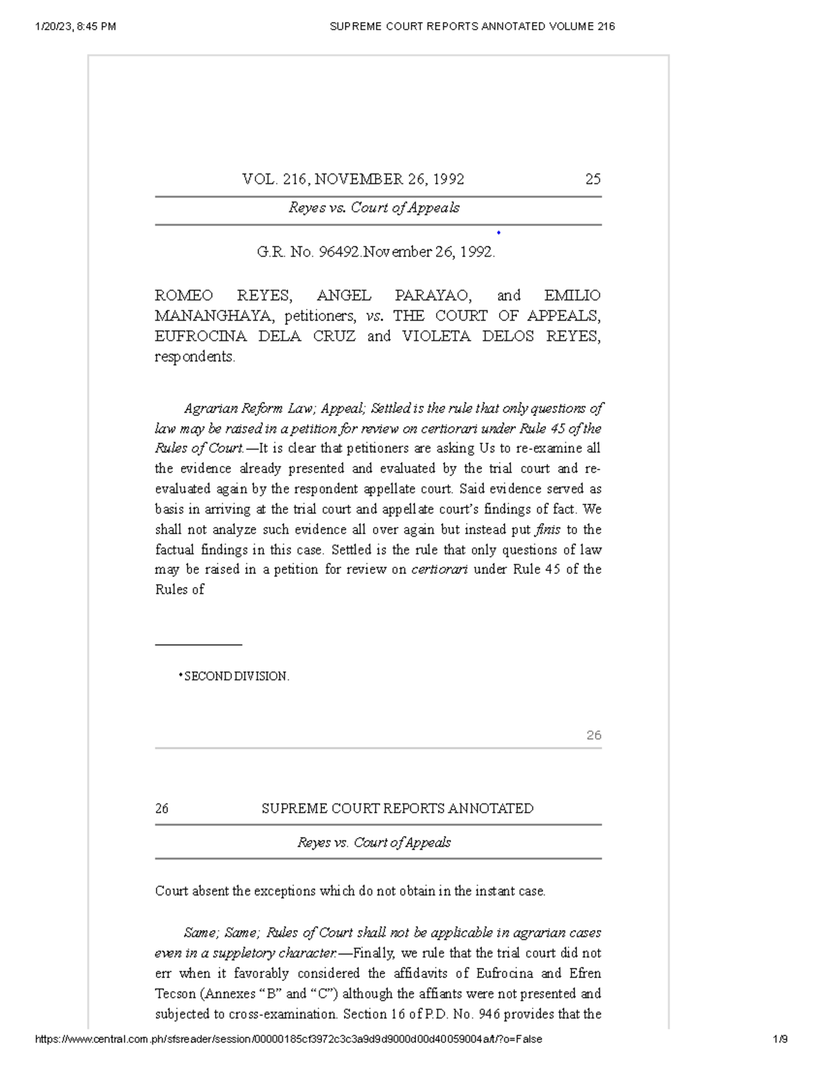 5 Reyes v CA Cases VOL. 216, NOVEMBER 26, 1992 25 Reyes vs. Court