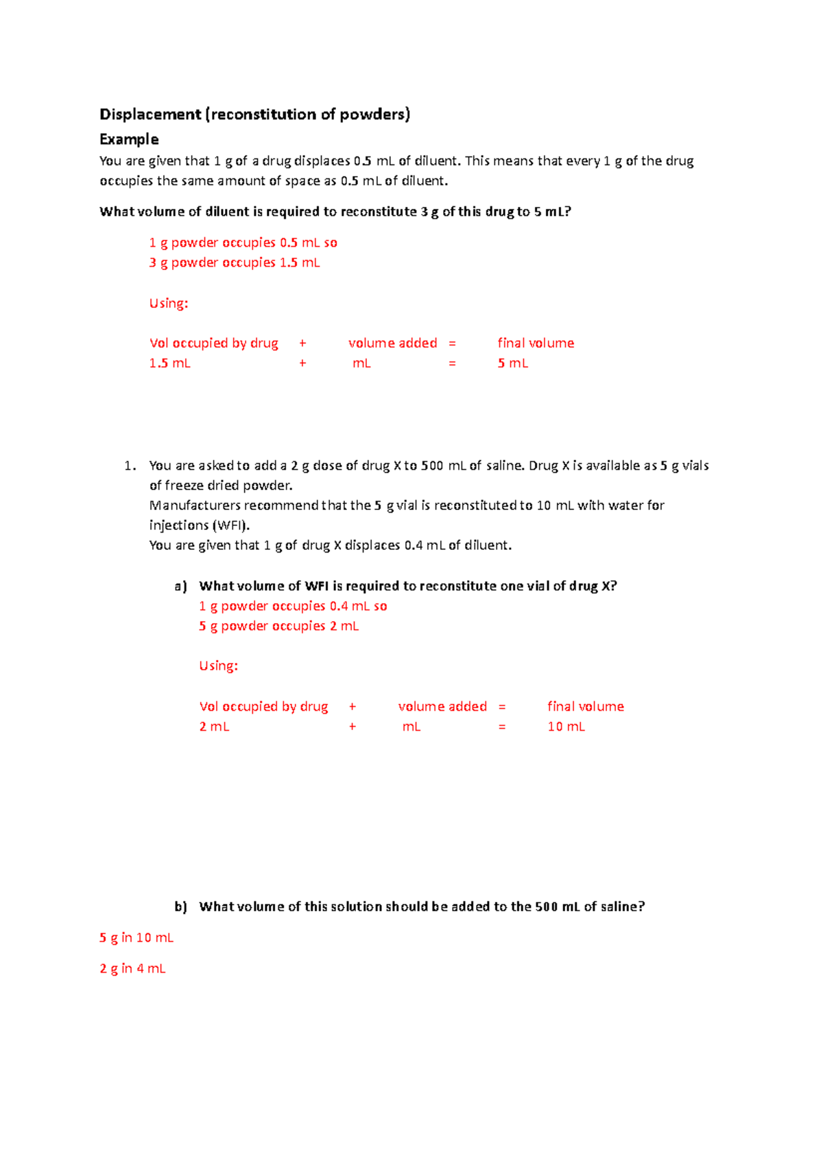 Reconstitution of powders with answers - Displacement (reconstitution ...