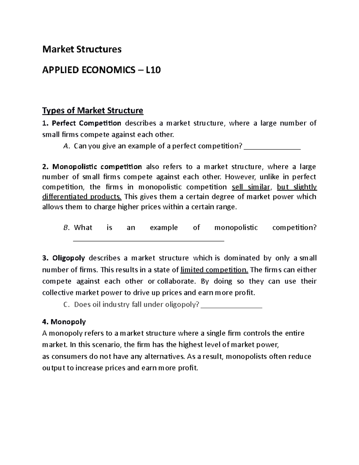 Applied Eco - 10 - Lecture Notes - Market Structures APPLIED ECONOMICS ...