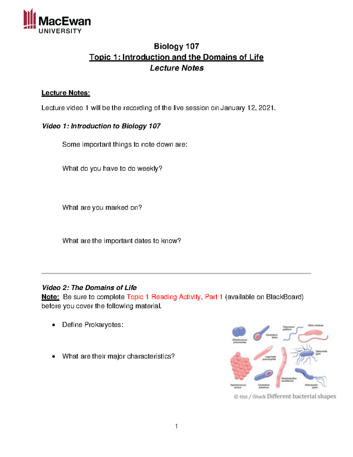 Topic 1 Lecture Notes - Biology 107 Topic 1: Introduction and the ...