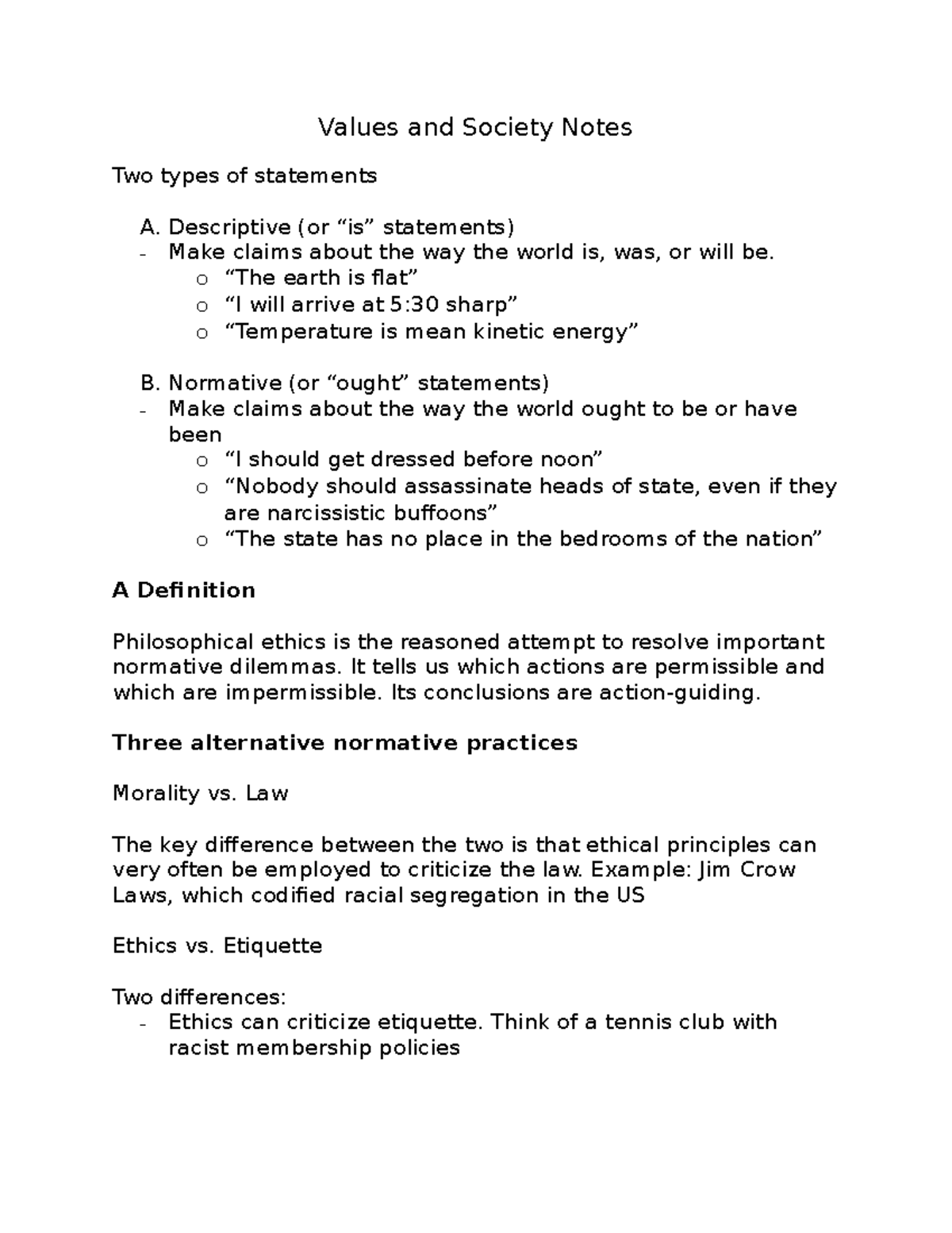 Values and Society Notes - Descriptive (or “is” statements) - Make ...