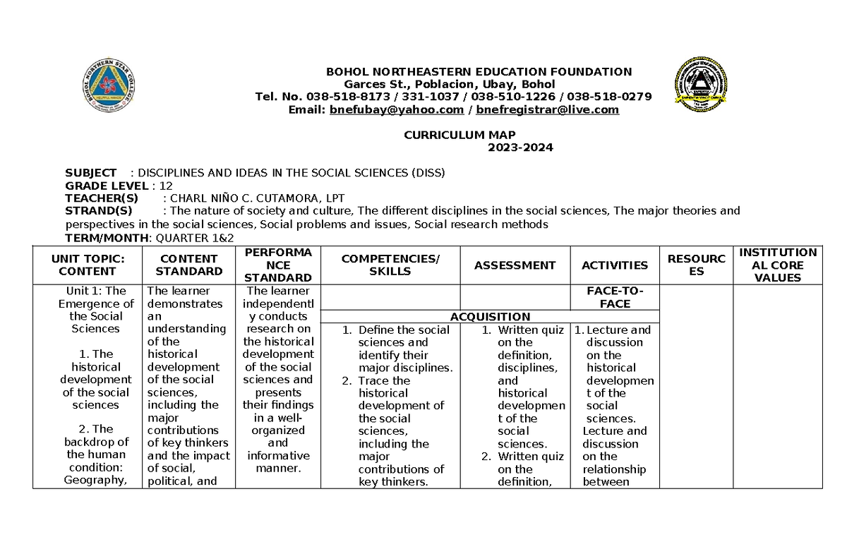 CM Q1 & Q2 - curriculum map - BOHOL NORTHEASTERN EDUCATION FOUNDATION ...