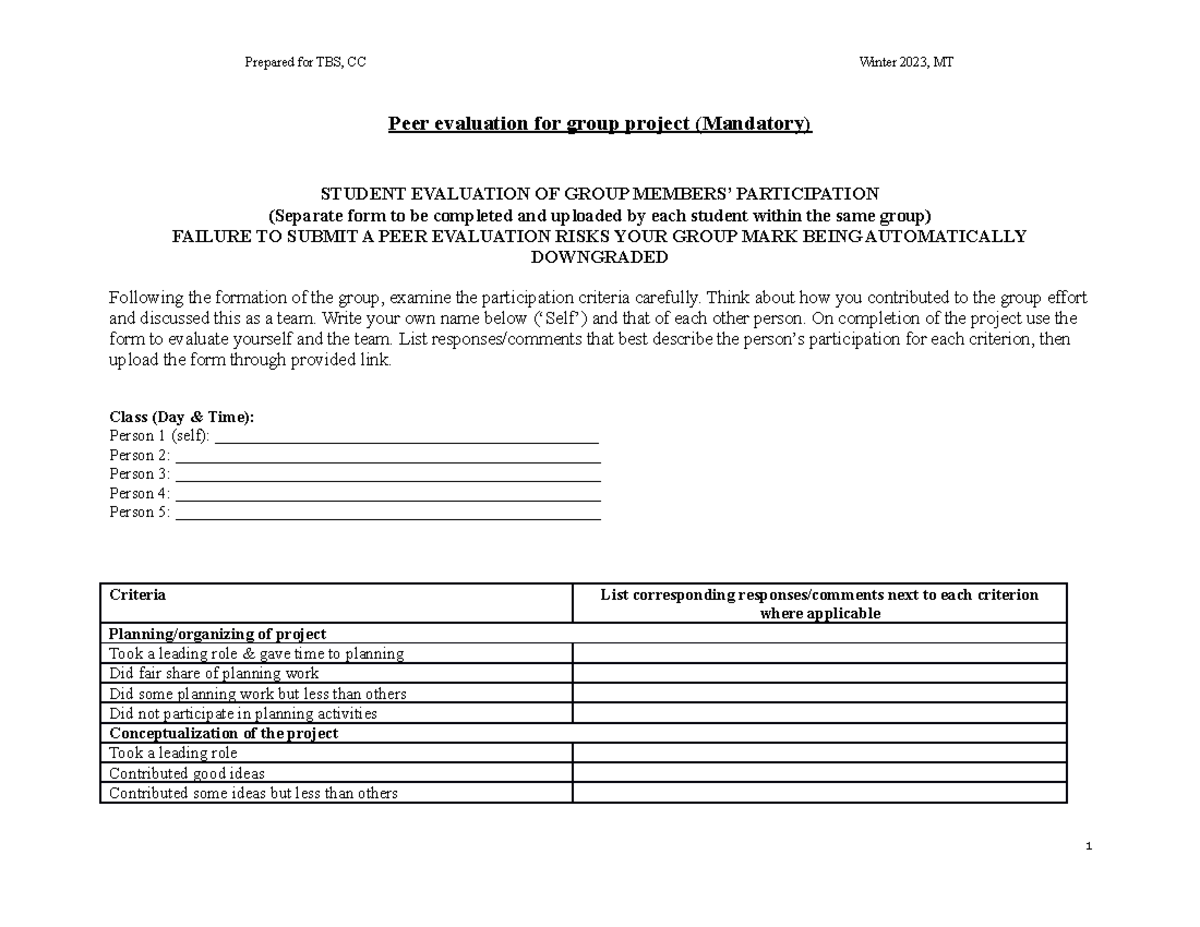 Peer Evaluation Template MS Word - Prepared for TBS, CC Winter 2023, MT ...