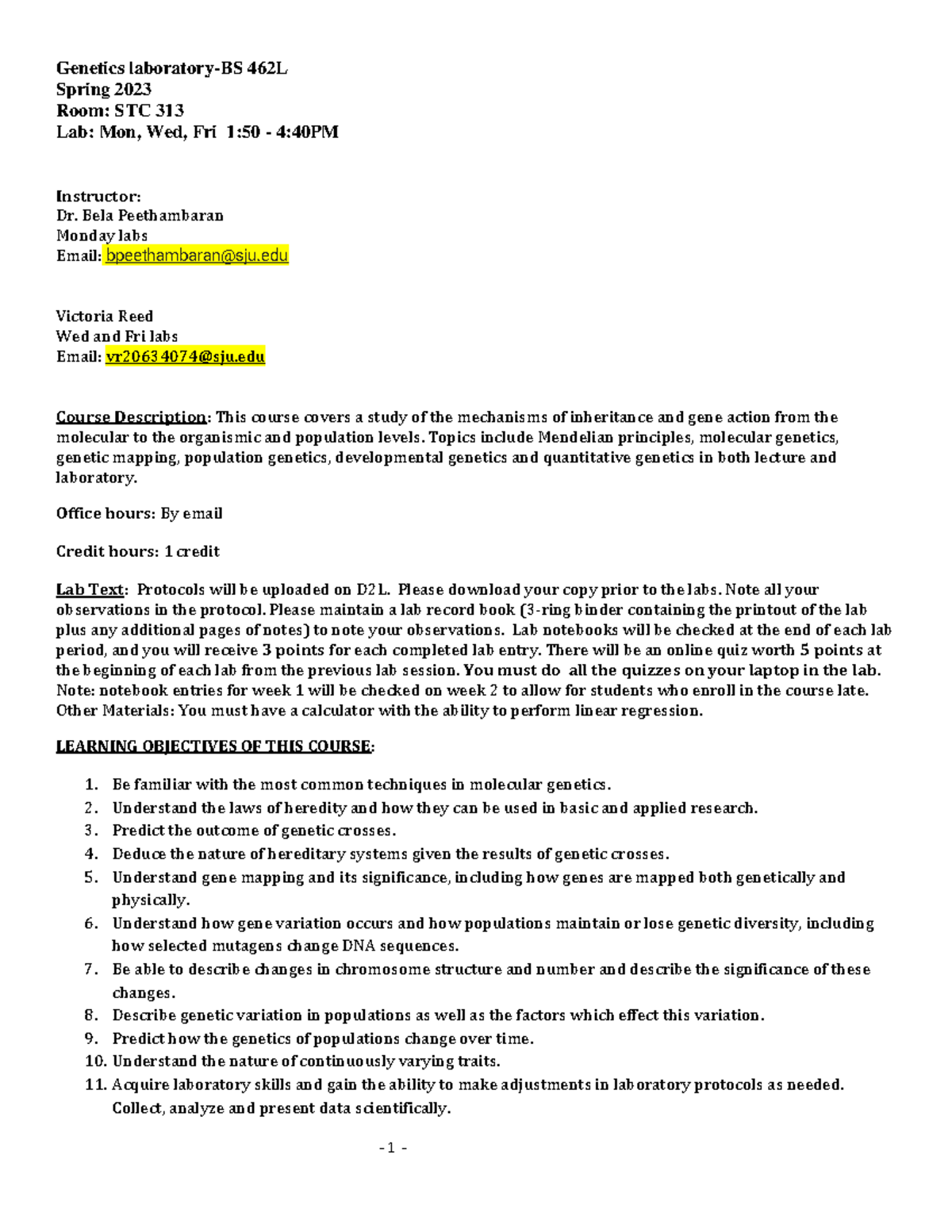 Syllabus Spring 2023 Labs laboratoryBS 462L Spring