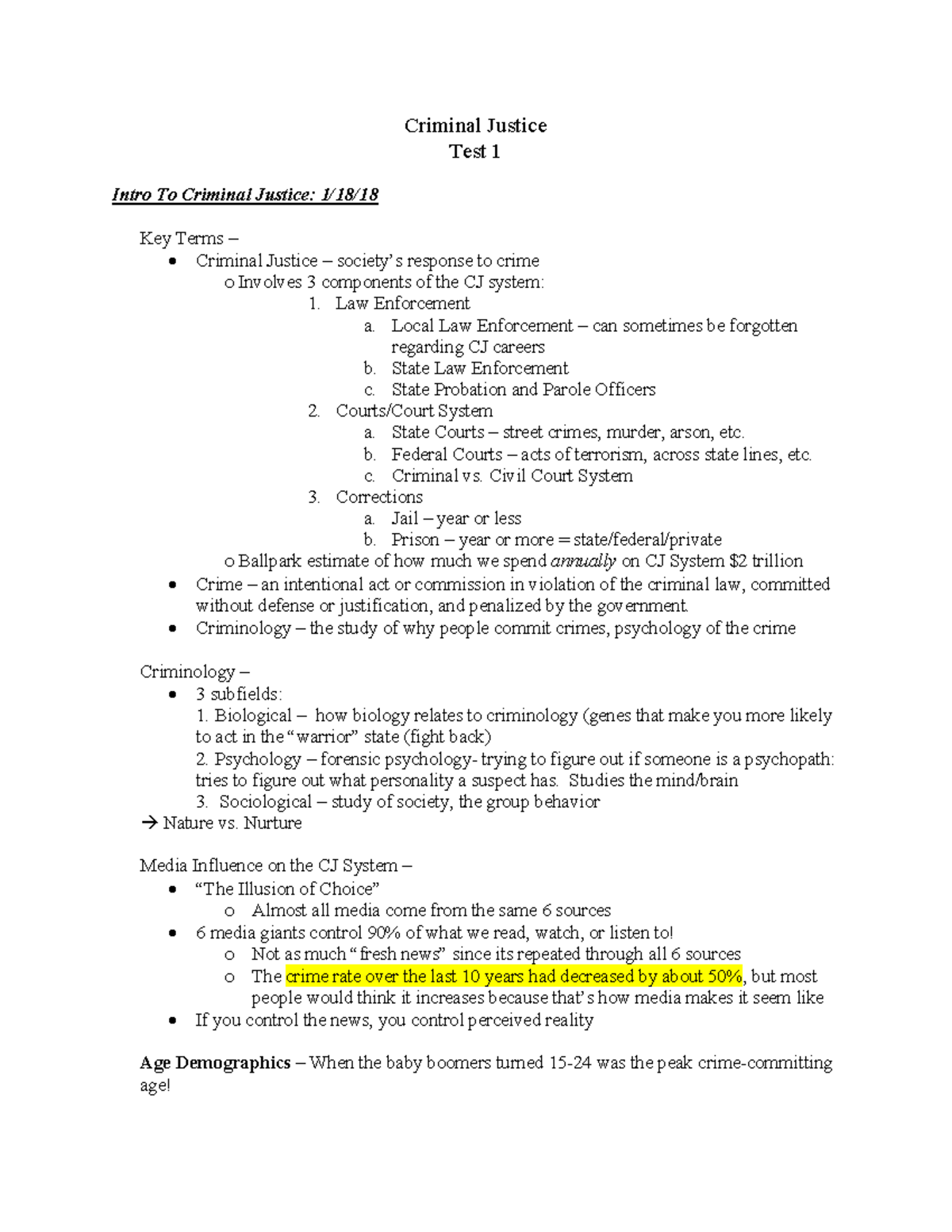 CJ 100 Notes - Test 1 PDF - Criminal Justice Test 1 Intro To Criminal ...