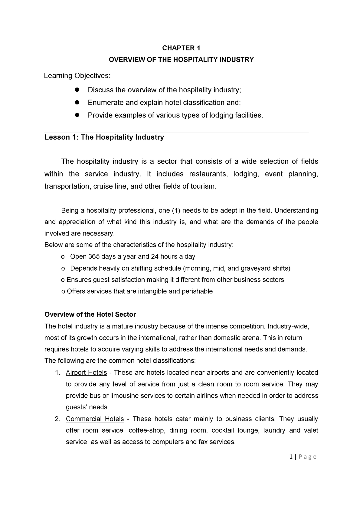 Overview OF Hospitality ( Chapter 1) - CHAPTER 1 OVERVIEW OF THE ...