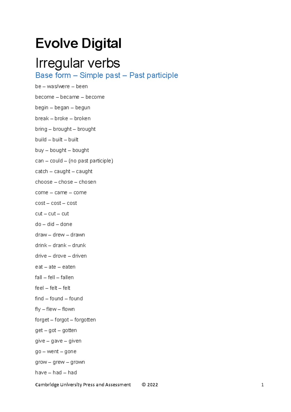 Level 4 Irregular verbs list - Evolve Digital Irregular verbs Base form ...