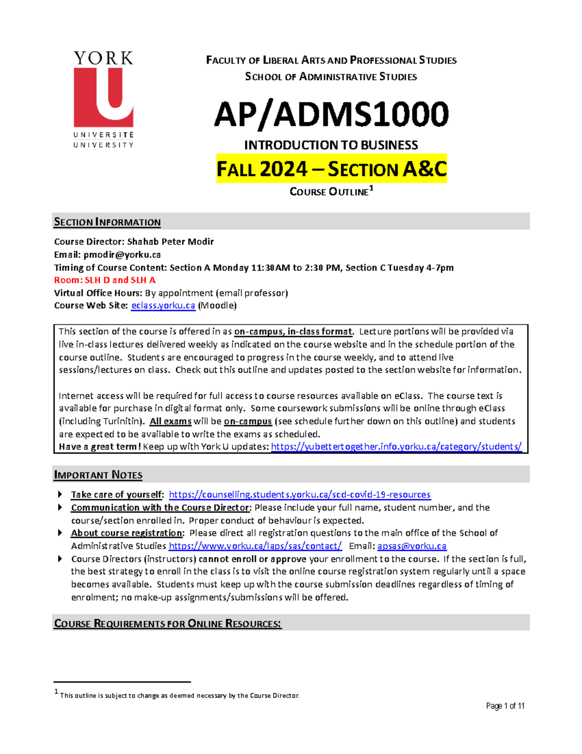 ADMS 1000 Syllabus Fall 2024 - Page 1 of 11 FACULTY OF LIBERAL ARTS AND ...