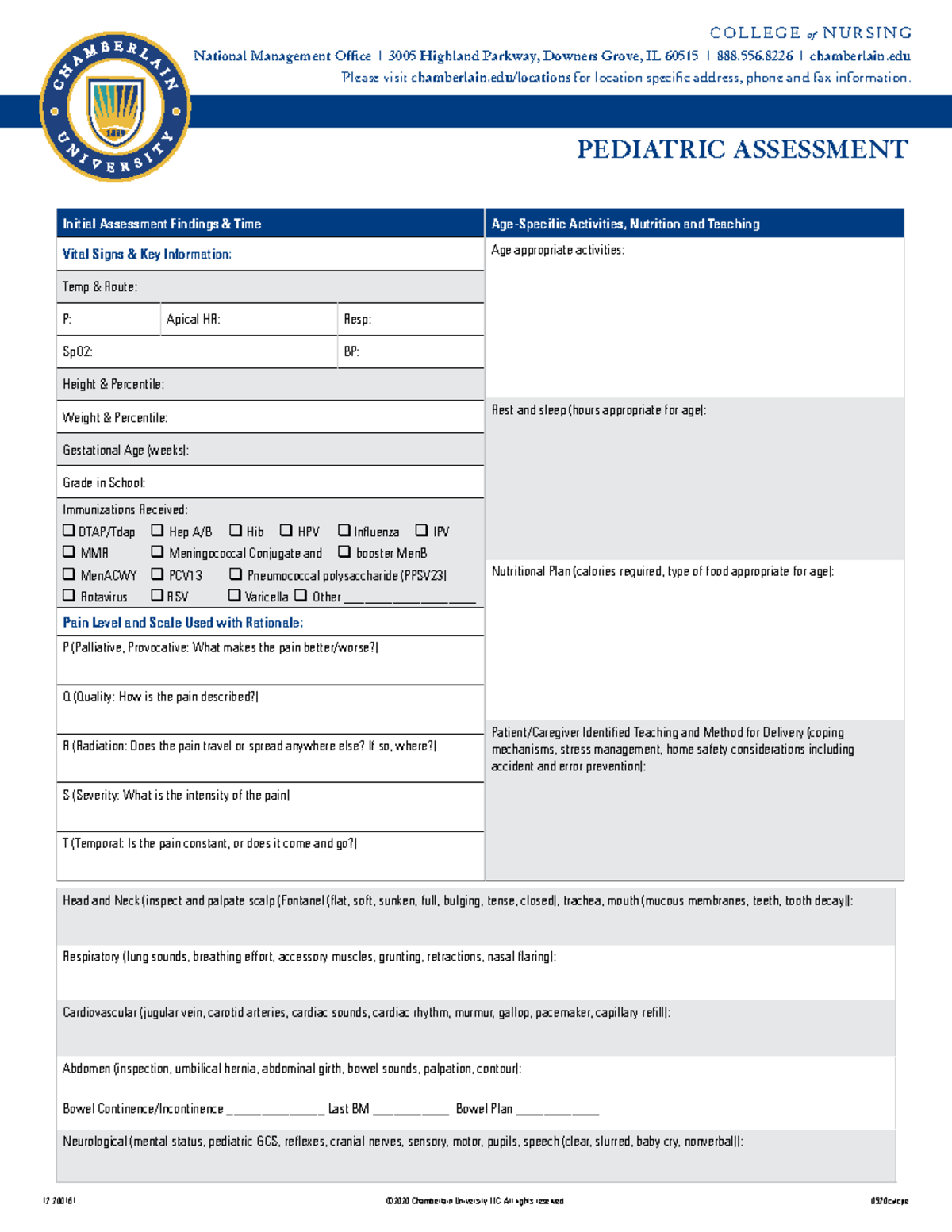 Pediatric assessment for clinical nr328 chamberlain university