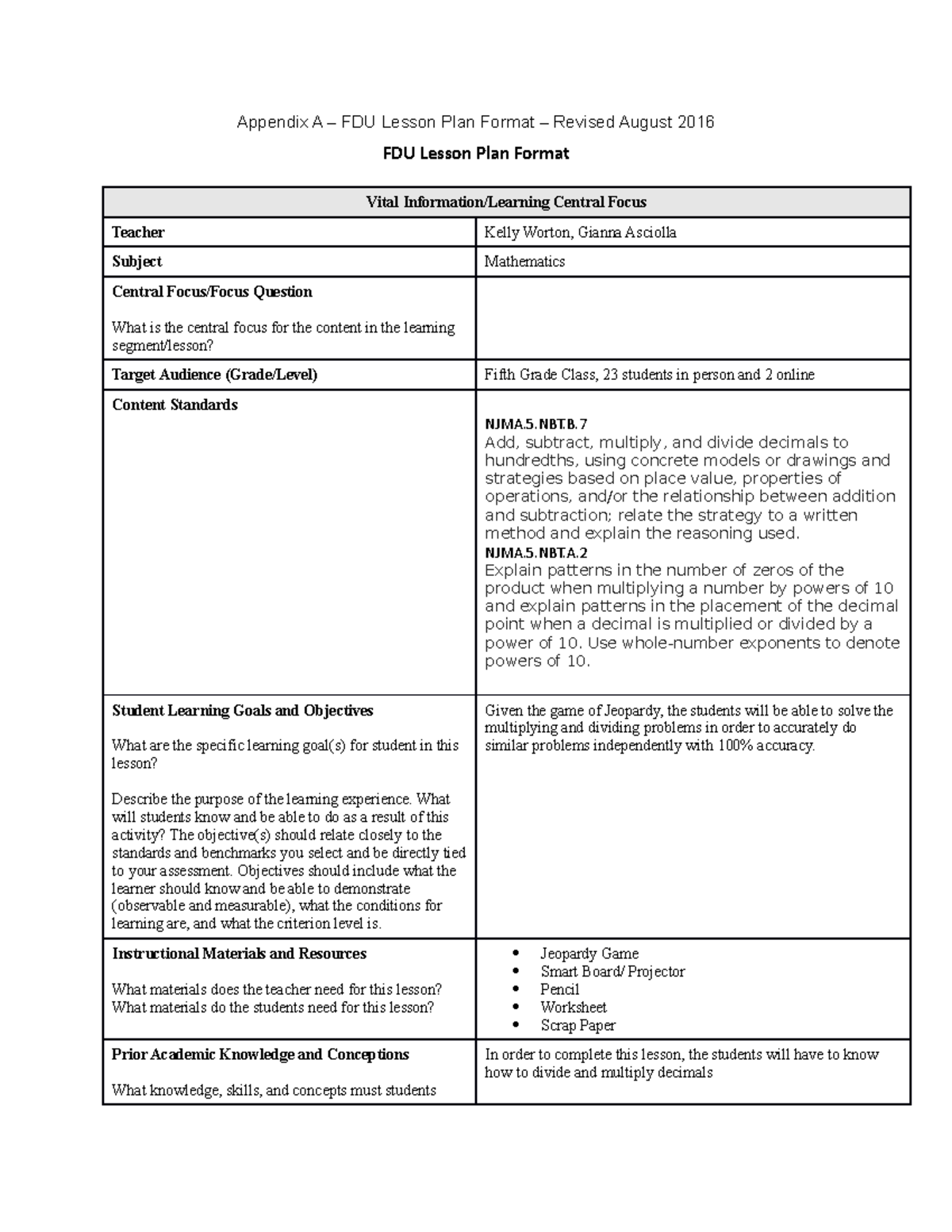 Lesson Plan Field Experience - Appendix A – FDU Lesson Plan Format ...