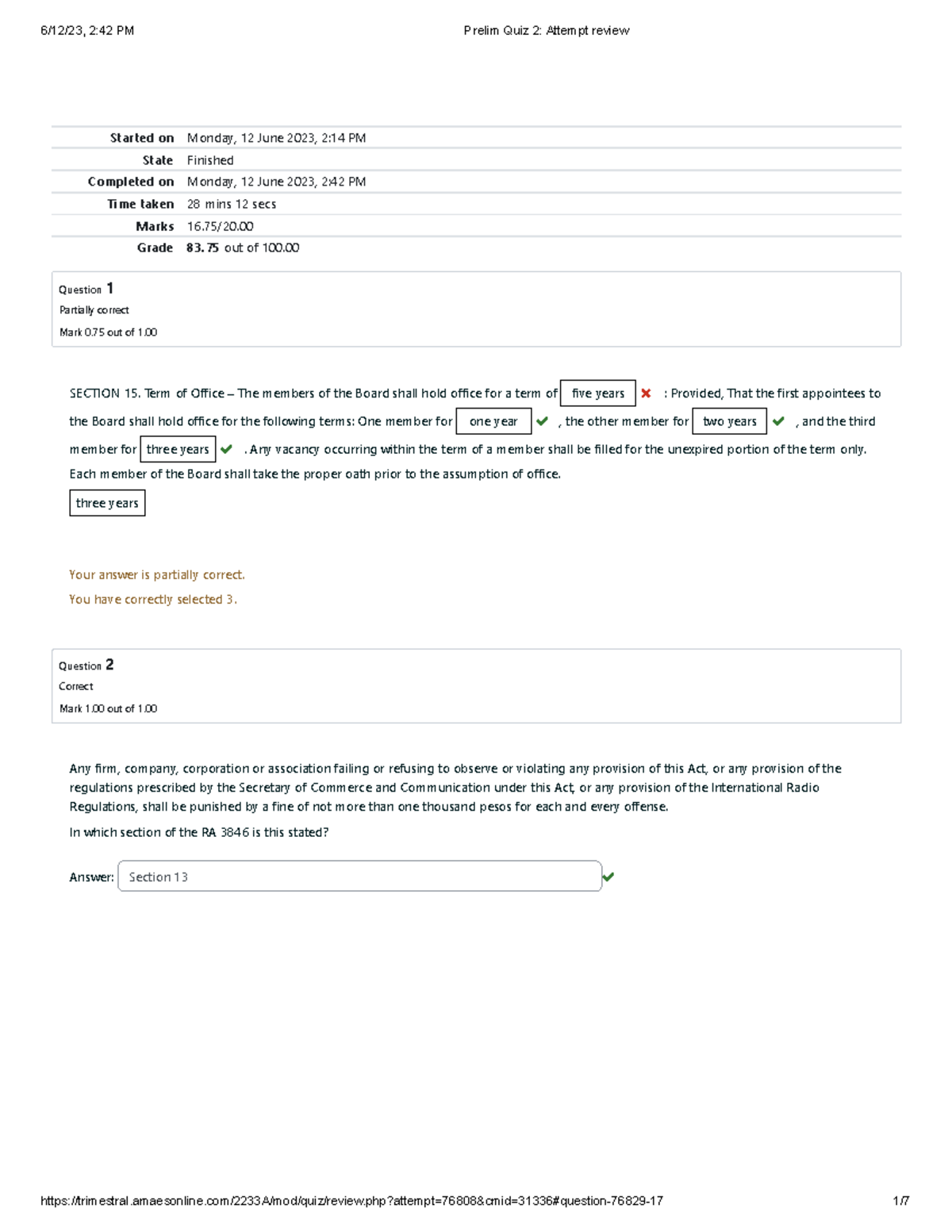Prelim Quiz 2 Attempt review - Started on Monday, 12 June 2023, 2:14 PM ...