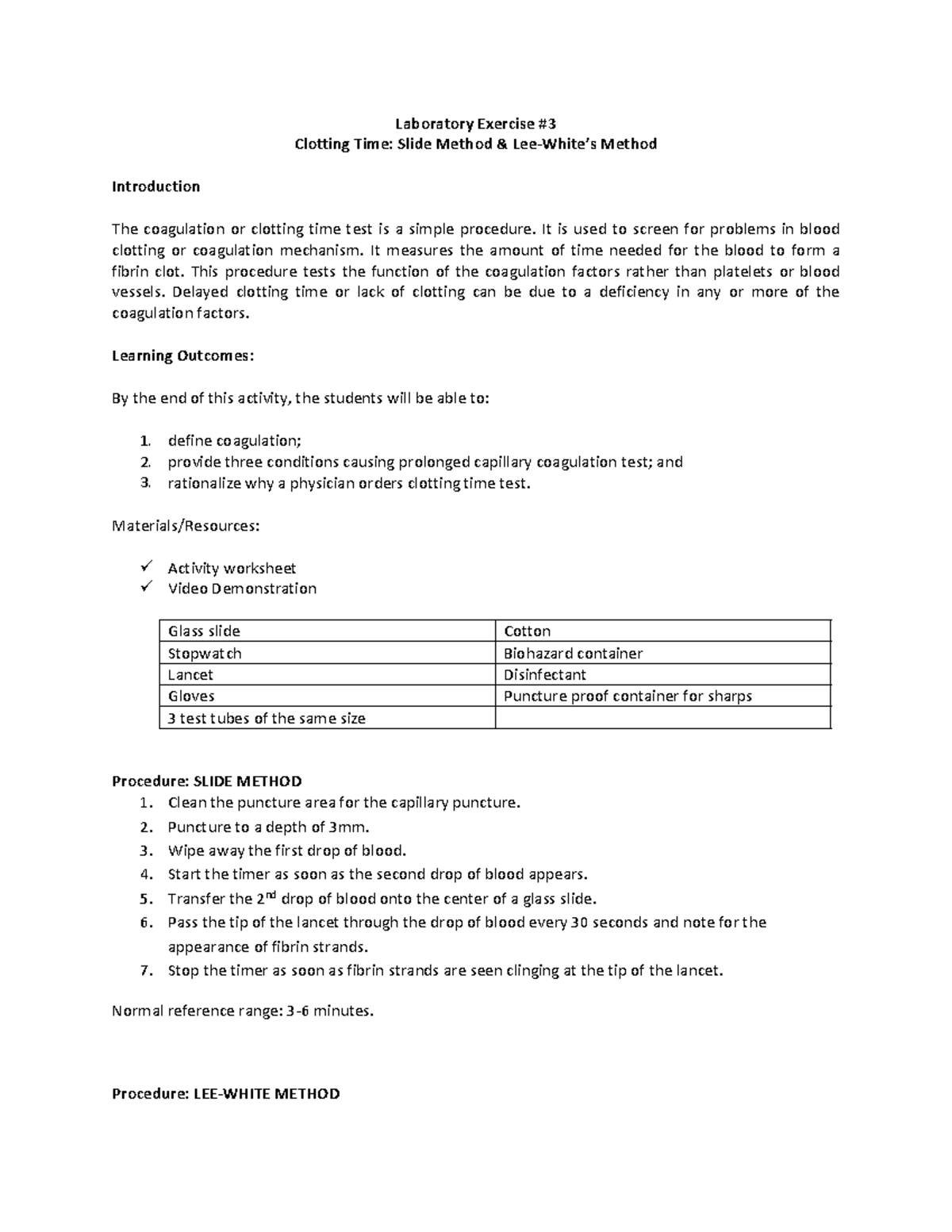 Clotting TIME TEST - Laboratory Exercise # Clotting Time: Slide Method ...