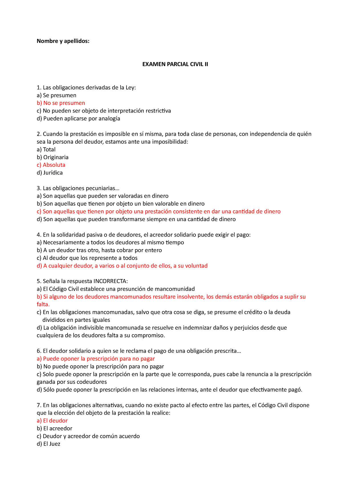 Examen Parcial Tipo Test Derecho Civil Ii Nombre Y Apellidos Examen Parcial Civil Ii Las 1868