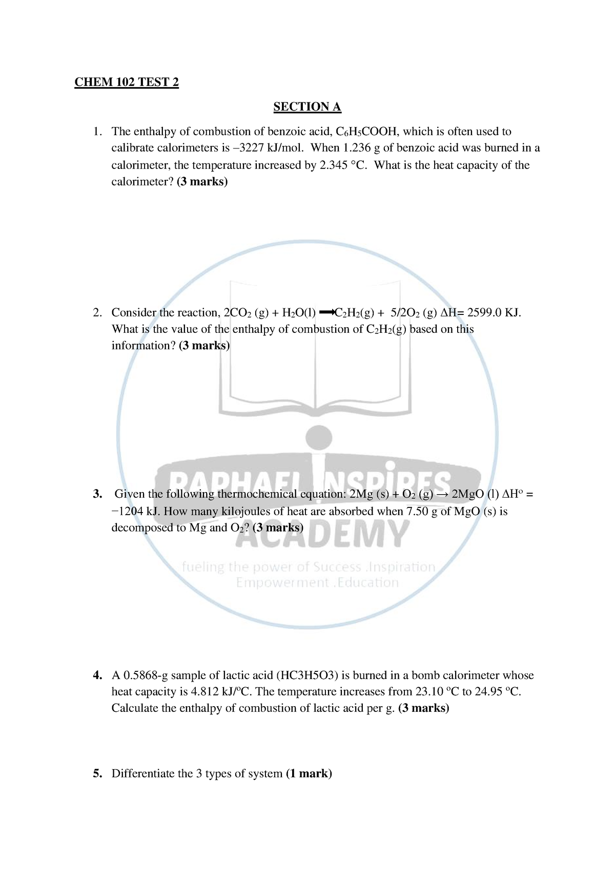 CHEM TEST 2 Paper - Reliable - CHEM 102 TEST 2 SECTION A The Enthalpy ...