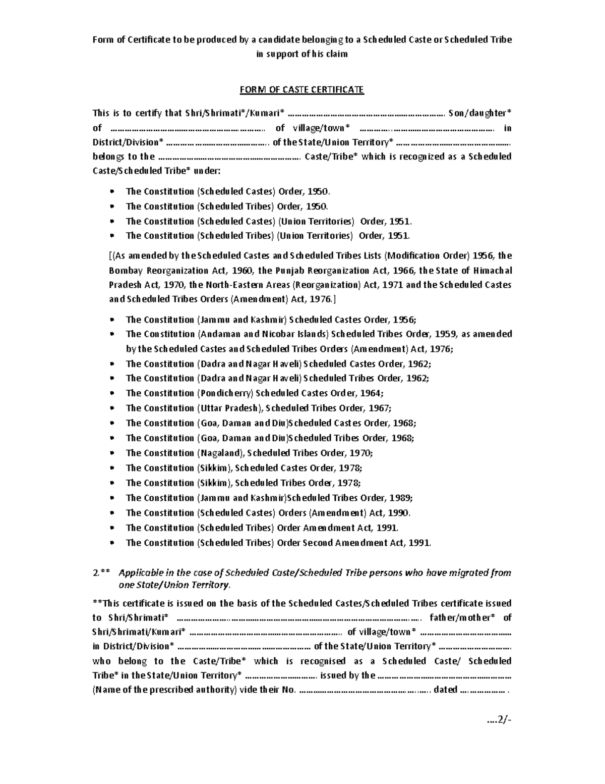 Format for SC ST Caste Certificate - Form of Certificate to be produced ...